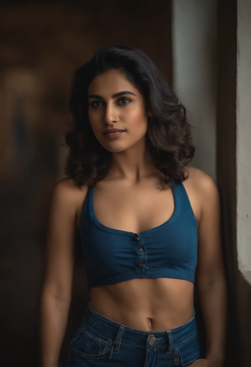 Pakistani woman with fair skin tone, blue halter top and jeans, 20 years old