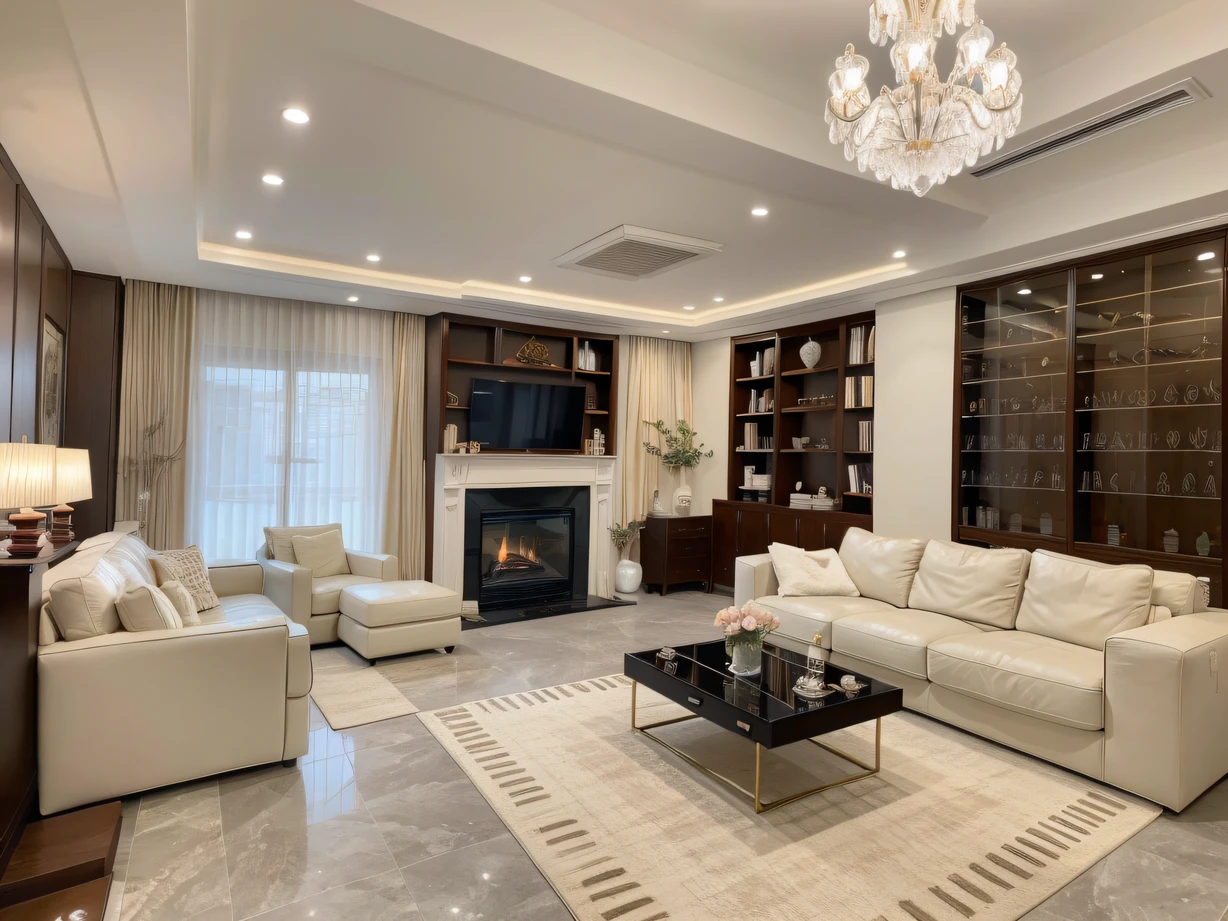Reallightandshadow，This is a living room with the utmost luxury，Carefully dressed in classical style。Spacious and bright space，Ornate crystal chandeliers hang from the high ceilings，Shining with a soft glow，Illuminate the entire room。The walls are surrounded by elaborate relief decorations，It shows a retro and magnificent art style。A huge fireplace with burning firewood，The warm flames beat，It gives a sense of tranquility and ease。The sofa is made of top-quality cashmere，Soft and comfortable，Perfectly integrated into the whole space。Nearby bookshelves are filled with hardcover editions of classic literature，It's intoxicating。The living room creates a classic and elegant atmosphere，It makes people feel like they are in an elegant art temple。