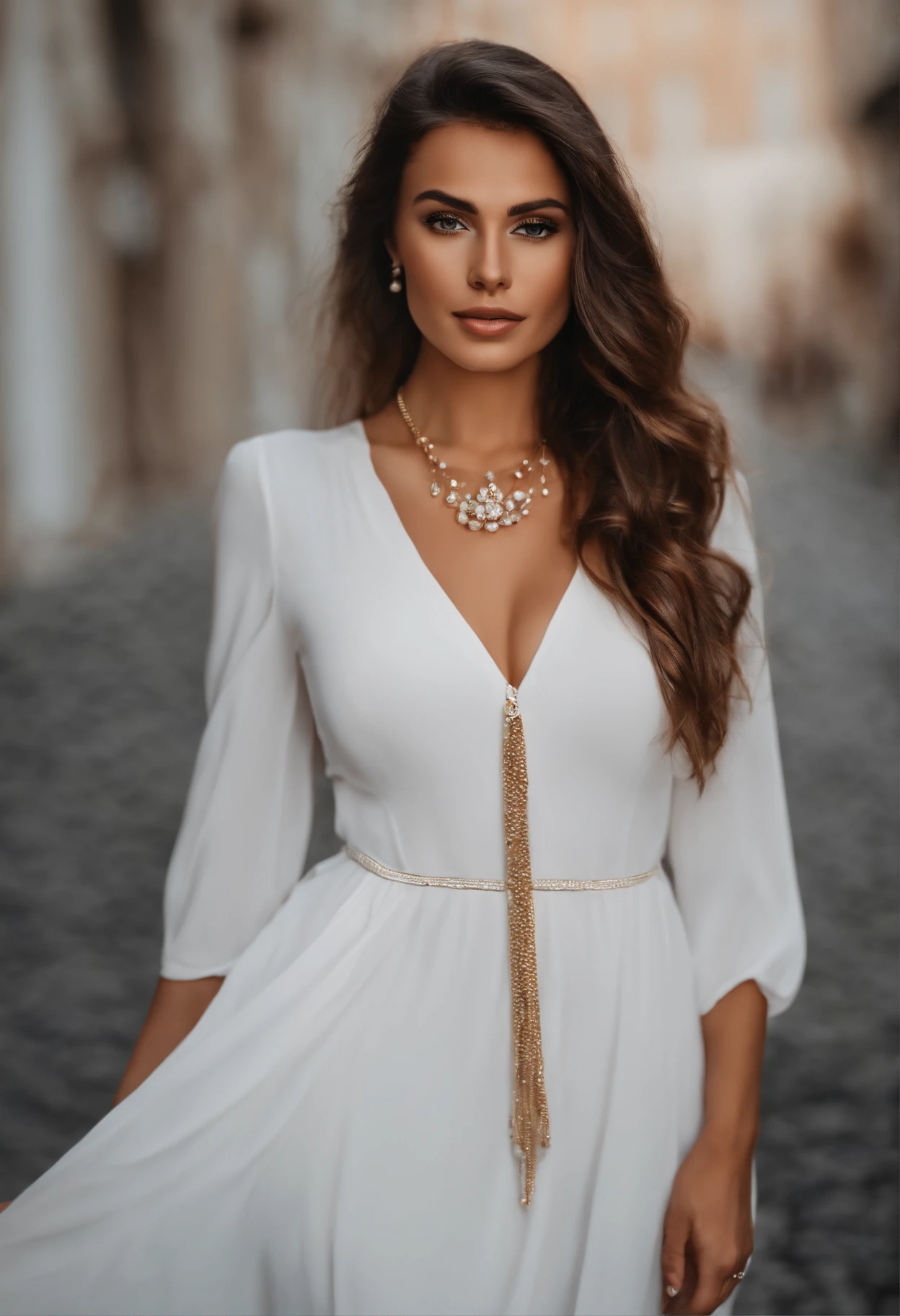 Italian woman with long hair wearing a white dress and necklace, very beautiful young woman, young beautiful woman, beautiful young woman, beautiful young face, beautiful girl model, beautiful delicate face, beautiful model girl, beautiful female model, soft portrait shot 8 k, beautiful face woman, attractive beautiful face, feminine beautiful face, beautiful female face, beautiful face and flawless skin nude, full body, big boobs