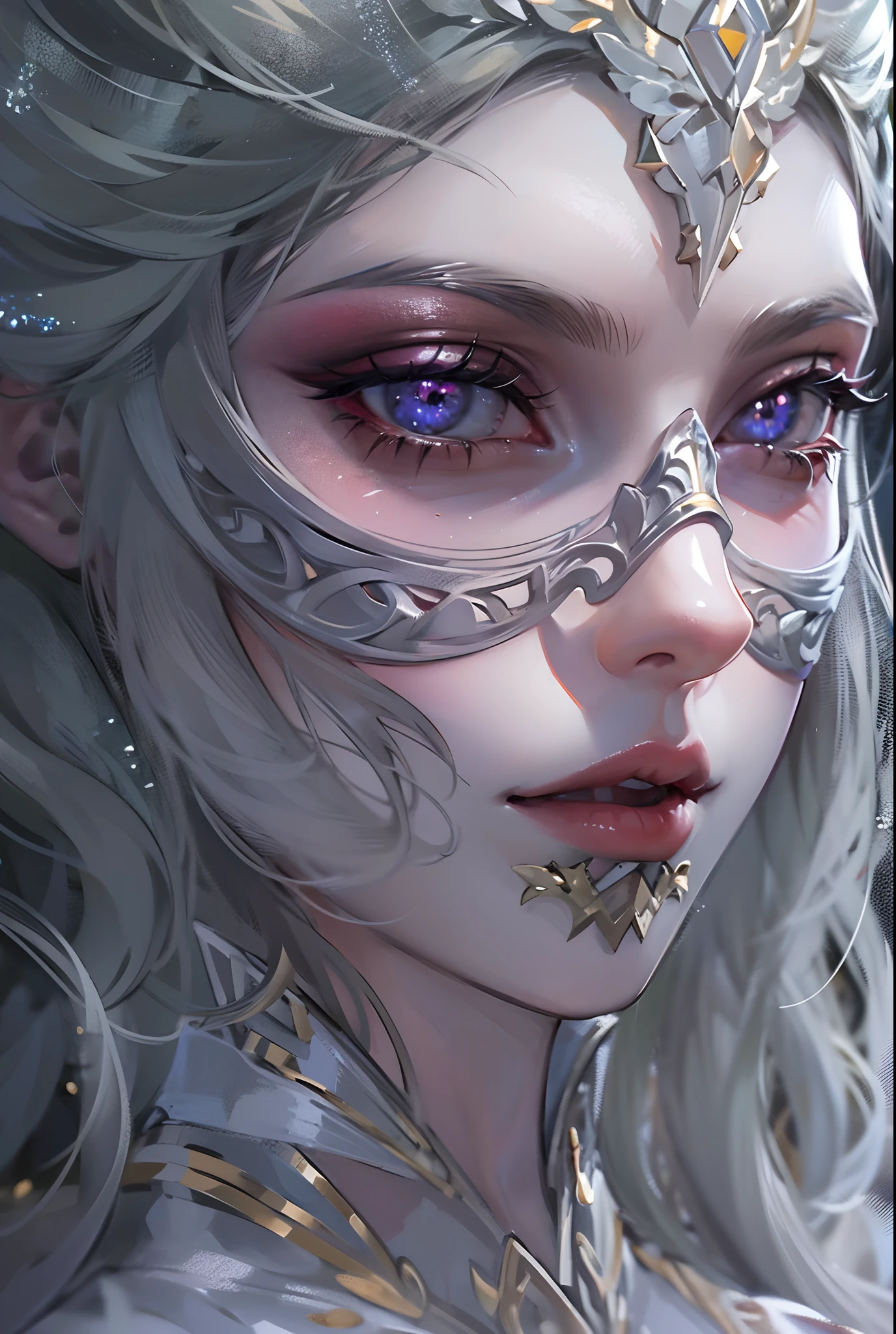 ((tmasterpiece))，(Best quality at best)，(A half body)，looks away，(ultra intricately detailed)，(Highest definition)，(8K)，(Clean lines)，(Perfect facial features，Perfect flesh)，(offcial art)，1lady，Demigod，King of Angels，Cosmic Enforcer，Master the balance，Majesty，Solemn，vacant eyes，Extremely long hair like the Milky Way，Starry twinkling eyes，Indifferent expression，(Gorgeous silver mask)