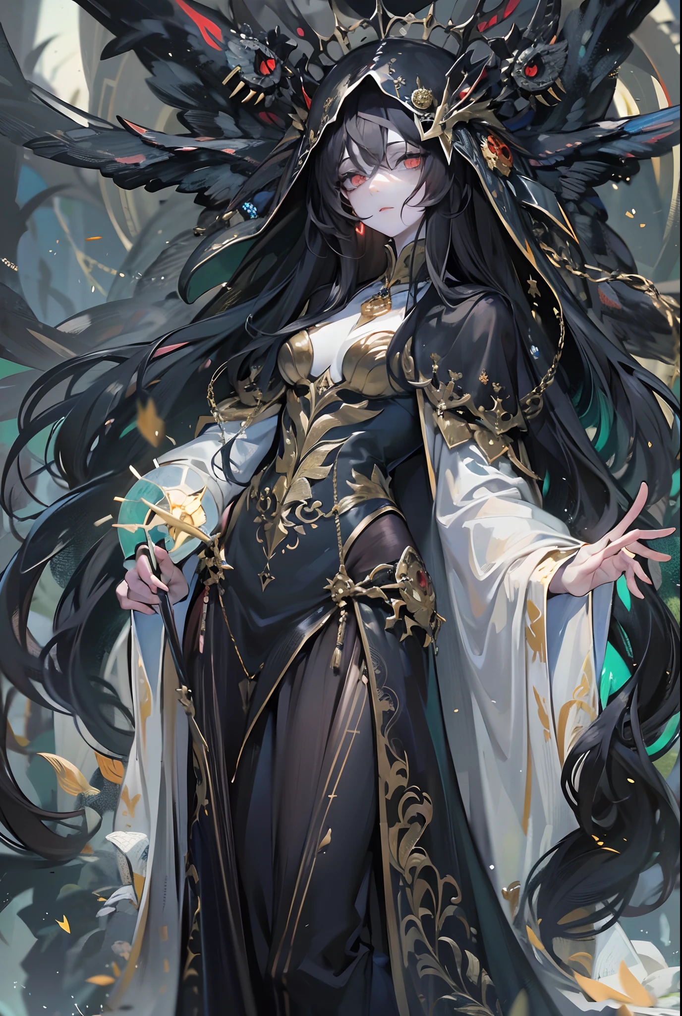 ((tmasterpiece))，(Best quality at best)，(A half body)，looks away，(ultra intricately detailed)，(Highest definition)，(8K)，(Clean lines)，(Perfect facial features，Perfect flesh)，(offcial art)，1lady，Demigod，(lich)，Death Mage，Pitch-black robe，Pale skin，Dominate life and death，Majesty，Solemn，vacant eyes，Super long black hair like the night，Godless eyes，Dead silent expression，Abyss