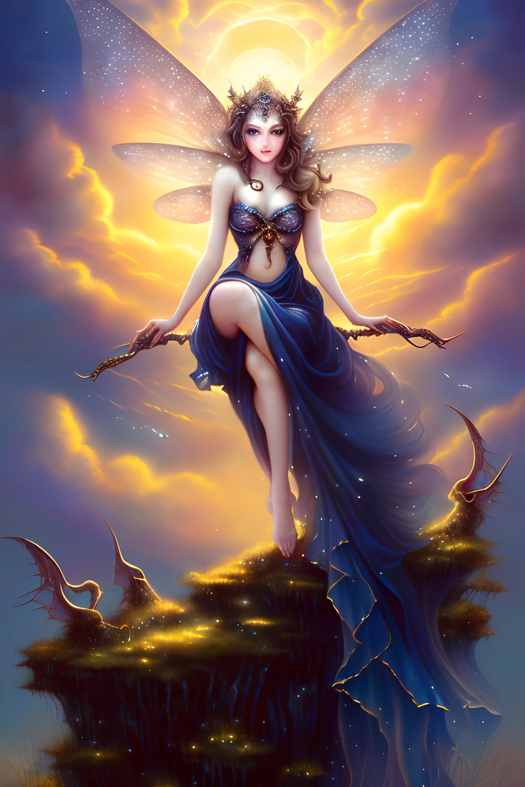 ((best quality)), ((masterpiece)), (detailed), alluring succubus, ethereal beauty, perched on a cloud, (fantasy illustration:1.3), enchanting gaze, captivating pose, delicate wings, otherworldly charm, mystical sky, (Luis Royo:1.2), (Yoshitaka Amano:1.1), moonlit night, soft colors, (detailed cloudscape:1.3), (high-resolution:1.2)