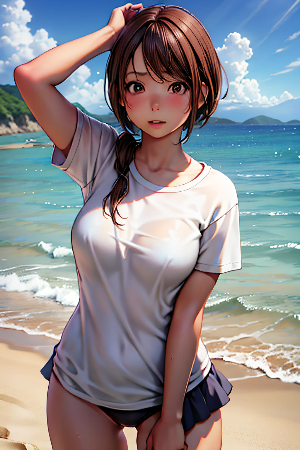 ultra-detailliert, hight resolution, (Realistic, Photorealistic: 1.4), 8K, Raw photo, (masutepiece), (Best Quality), physically-based renderingt, Female college student, Brown hair, sand beach, (_white_Shirt)、