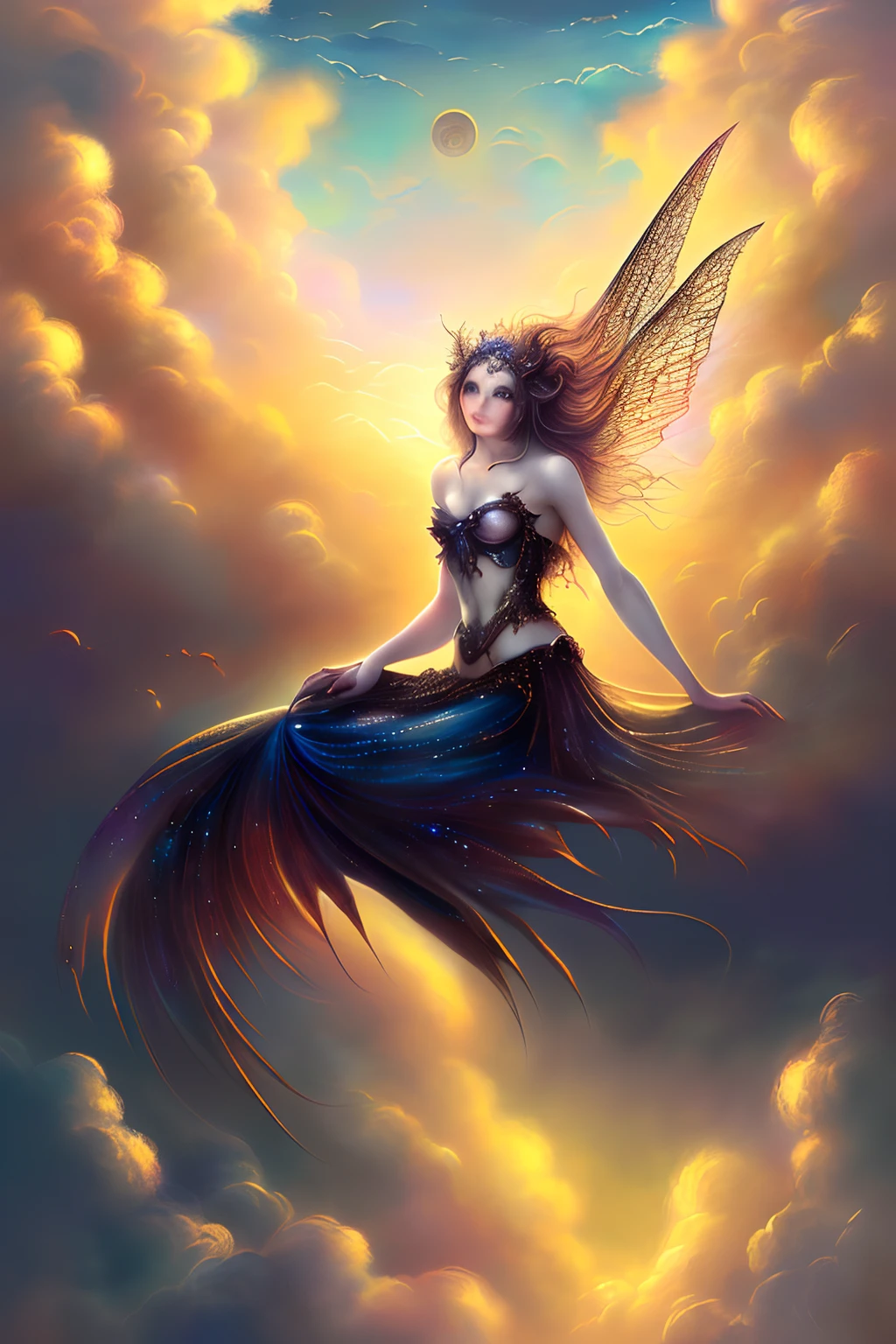 ((best quality)), ((masterpiece)), (detailed), alluring succubus, ethereal beauty, perched on a cloud, (fantasy illustration:1.3), enchanting gaze, captivating pose, delicate wings, otherworldly charm, mystical sky, (Luis Royo:1.2), (Yoshitaka Amano:1.1), moonlit night, soft colors, (detailed cloudscape:1.3), (high-resolution:1.2)