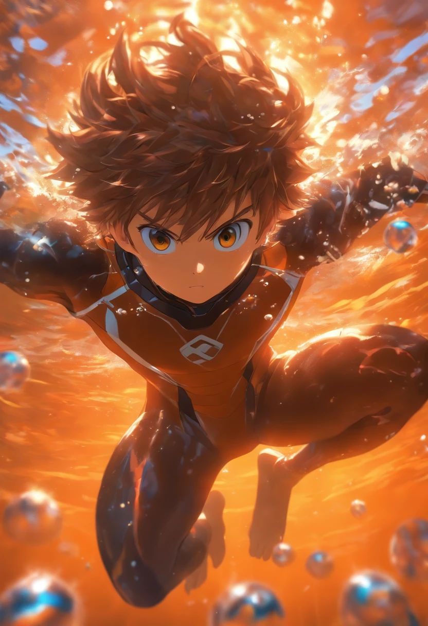 foreshortening, Depth of field, Masterpiece, Best quality, 1boys, Brown hair, Brown eyes, Short hair on the rise, Underwater, airbubble, Solo, view the viewer, Dappled sunlight,wet suit