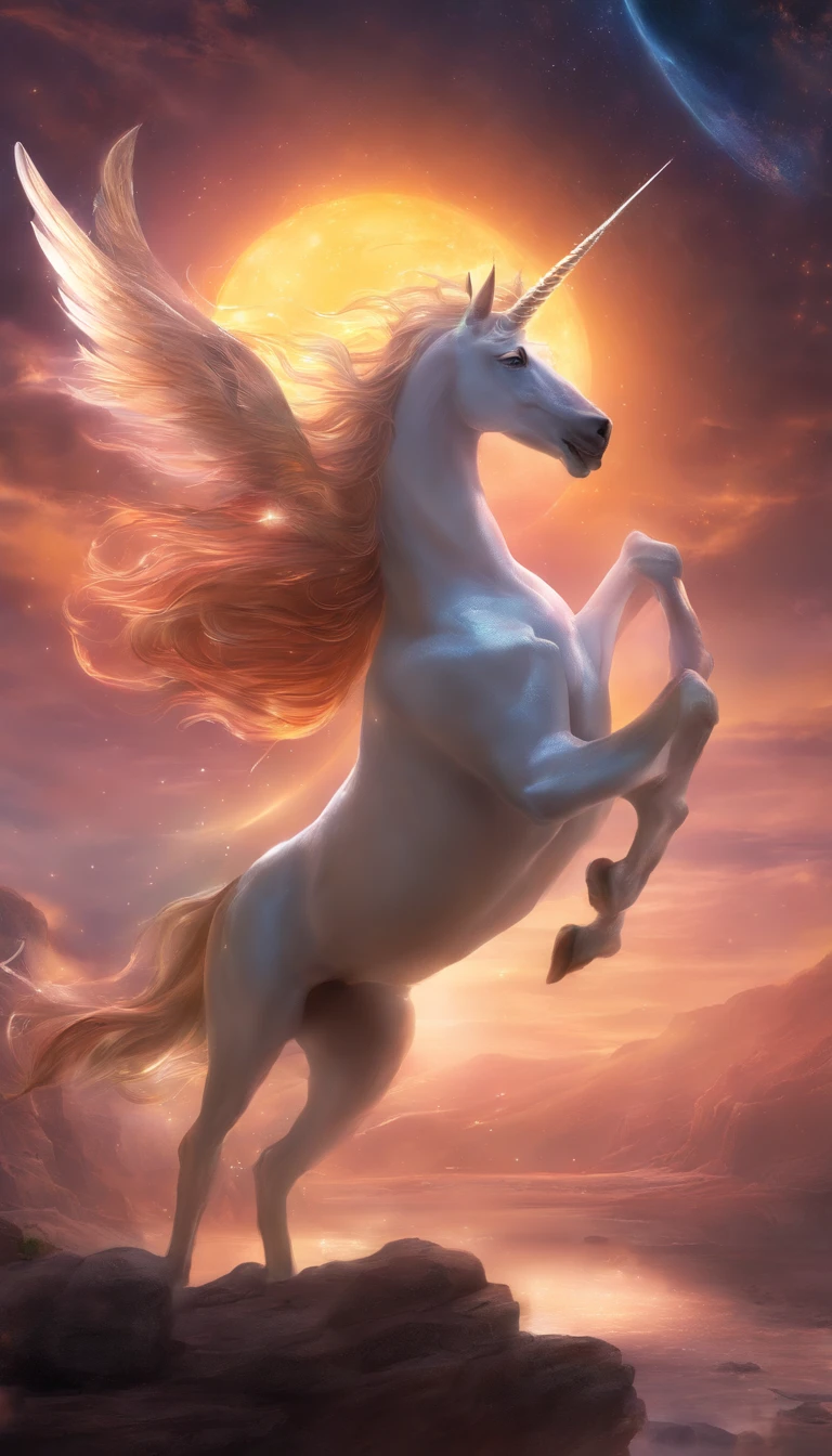 A creature like a unicorn,closeup cleavage,Take off and run,腾云驾雾,Mighty,universe background,Starcloud,suns,rays of sunshine,heavenly body,(light and shadow effect),(Movie lighting),(cinema4d),(Depth of field effect),(8k wallpaper),(rendering by octane),(Dingdall effect),(Unreal 5),(Masterpiece),Extremely detailed picture depiction,realisticlying