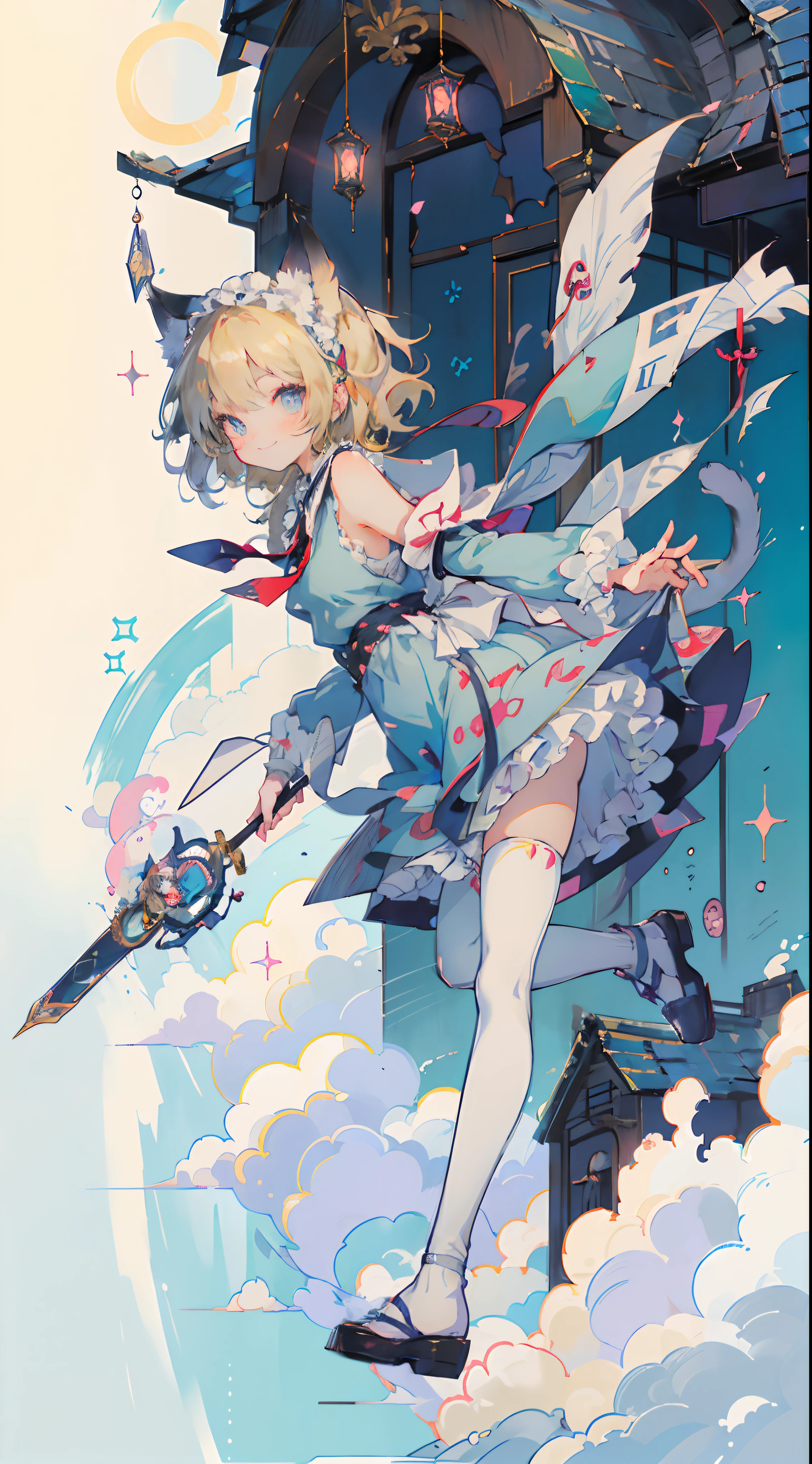((masutepiece, Best Quality: 1.1), ((Anime girl in blue dress with magic wand)), anime cat girl in a maid costume, Lori, ((a blond))、The long-haired、Very Beautiful Anime Cat Girl, anime catgirl, ((white knee highs)), attractive cat girl, inspired by Leiko Ikemura, aya takano color style, in ryuuou no oshigoto art style, Cat Girl, touhou character, Rei Hiroe、With a smile
