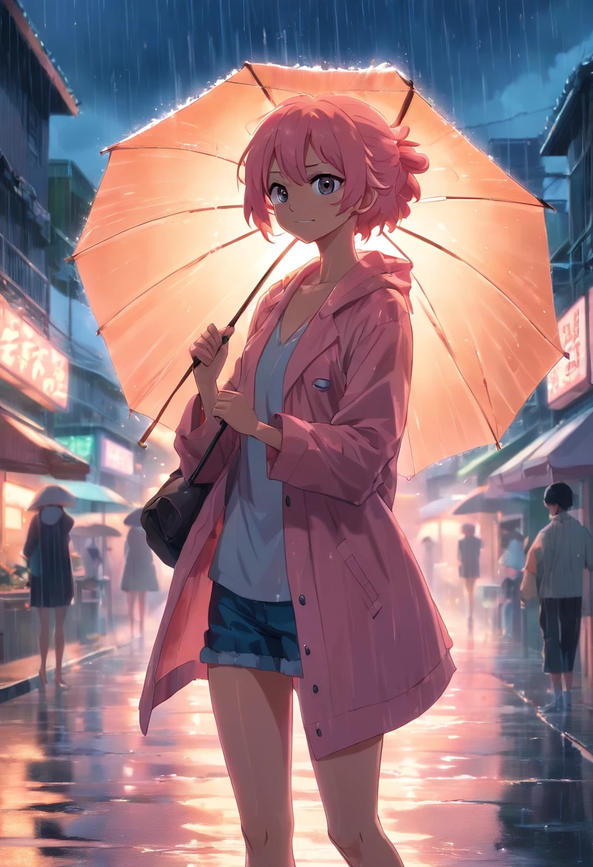 Doflamingo chorando de raiva no meio da chuva, tempestade perfeita, gloomy setting, soft-lighting