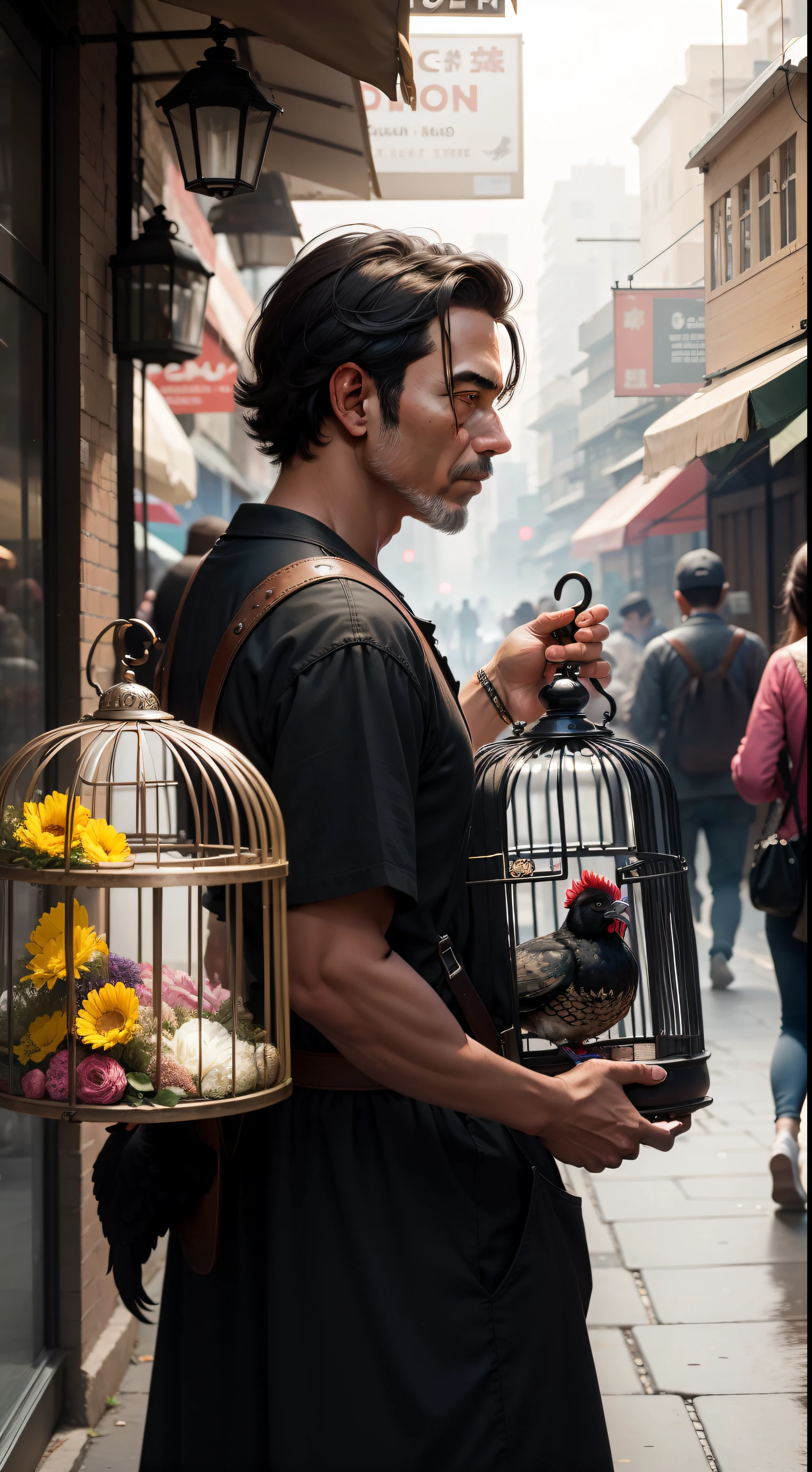 A male vendor carries a birdcage,The bird cage contained a black chicken