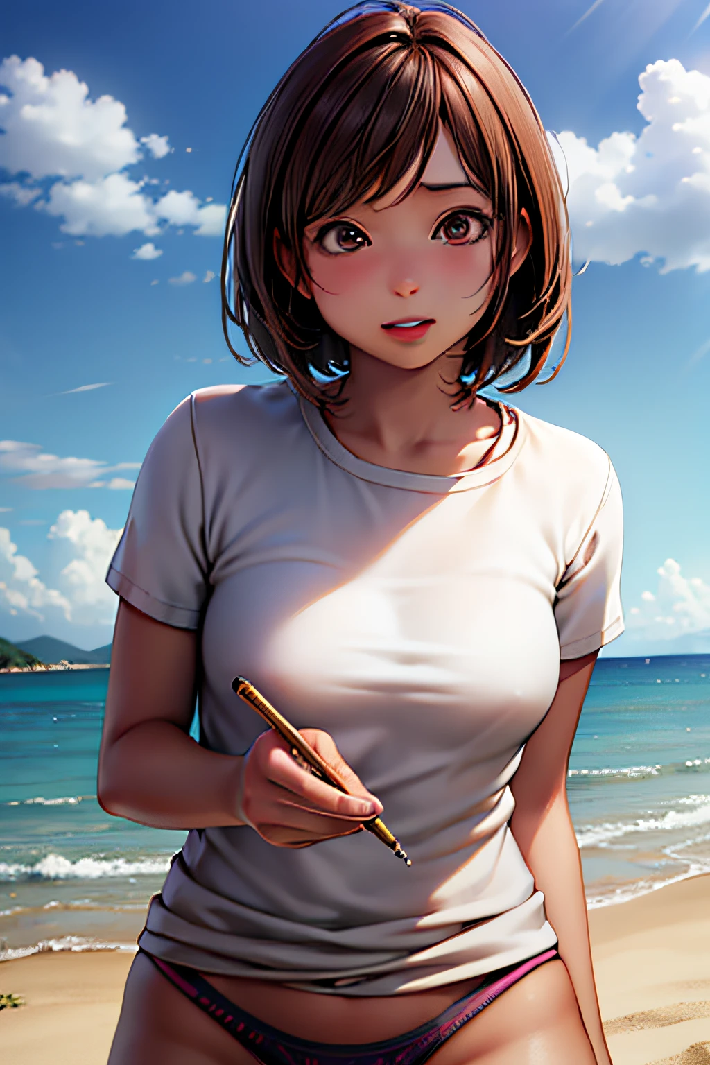 ultra-detailliert, hight resolution, (Realistic, Photorealistic: 1.4), in 8K, Raw photo, (masutepiece), (Best Quality), Physics Rendering, Female college student, Brown hair, sand beach, _white_Shirt、