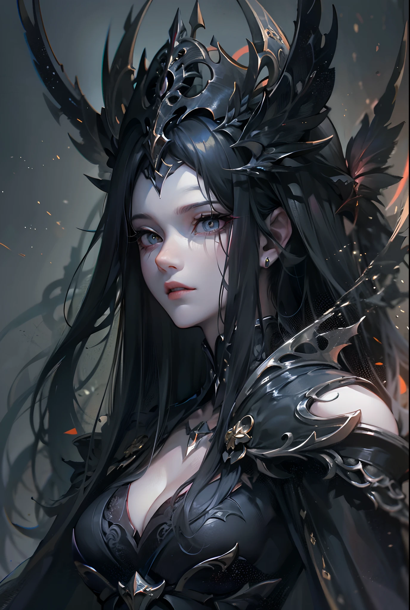 ((tmasterpiece)),(Best quality at best),(A half body),looks away,(ultra intricately detailed),(Highest definition),(8K),(Clean lines),(Perfect facial features,Perfect flesh),(offcial art),1lady,Demigod,(lich),Death Mage,Pitch-black robe,Pale skin,Dominate life and death,Majesty,Solemn,vacant eyes,Super long black hair like the night,Godless eyes,Dead silent expression,Abyss