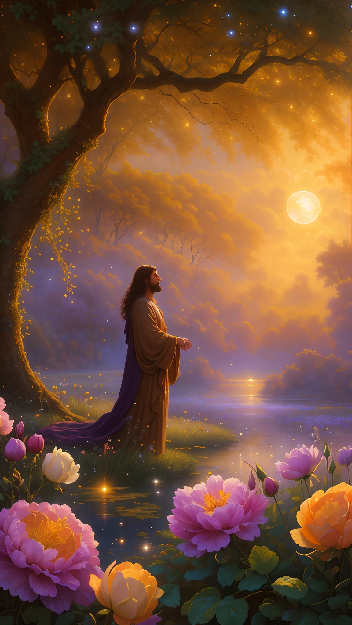 a painting of Jesus standing in a field of flowers, inspired by Christophe Vacher, his mind contemplating eternity, by Christophe Vacher, greg olsen, beautiful art uhd 4 k, background artwork, beautiful depiction, mystical scene, dreamy scene, detailed fantasy digital art, very beautiful fantasy art, mystical purity, mystical setting, by Johfra Bosschart