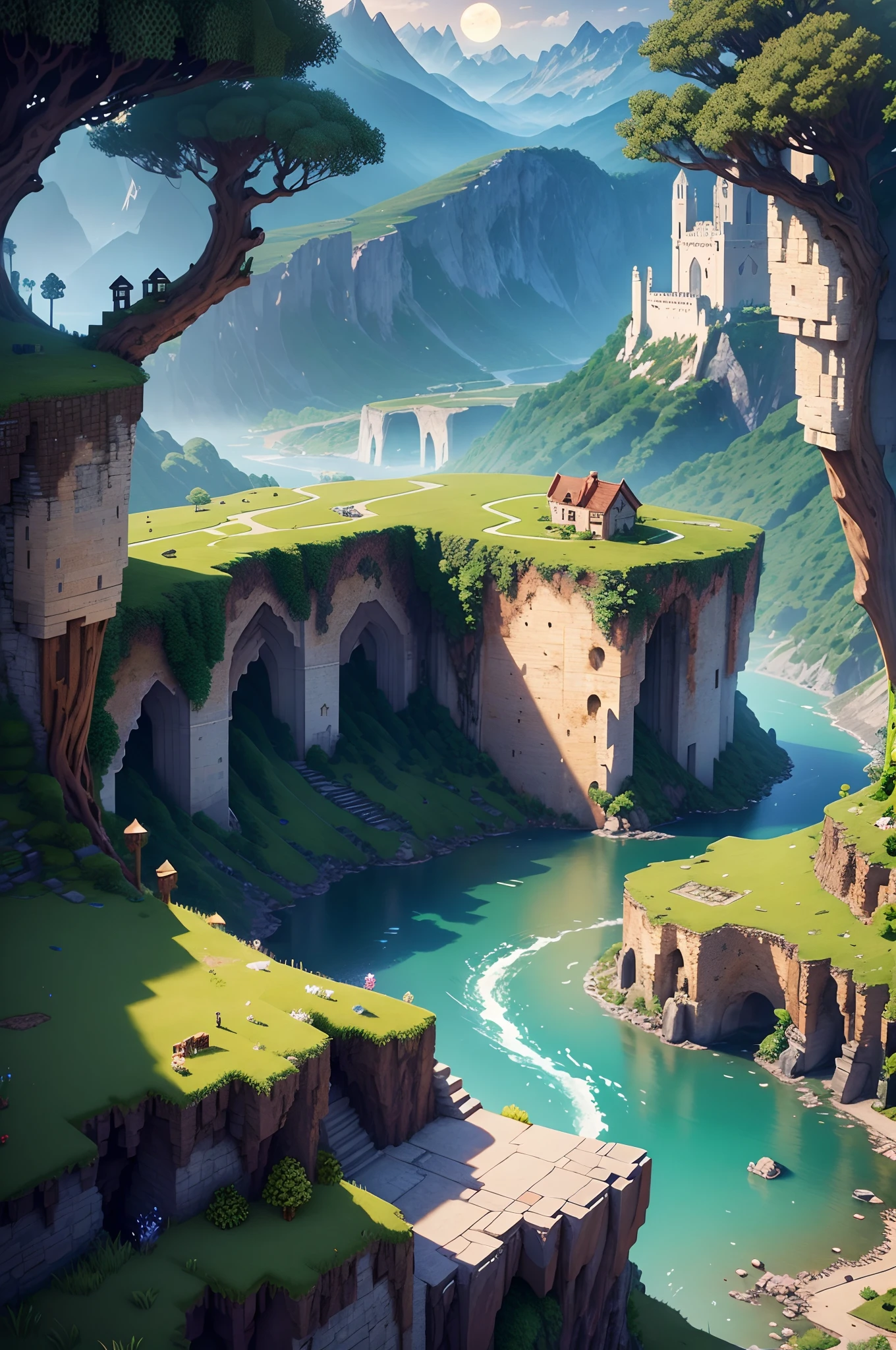 a realistic Minecraft scenery,best quality,ultra-detailed,high resolution,natural landscapes,beautiful sunset lighting,vibrant colors,impressive depth of field,detailed block textures,immersive virtual world,creative building,adventurous exploration,iconic pixelated style,realistic terrain generation,huge mountains and vast oceans,calm and peaceful atmosphere,playful mobs and animals,enchanted forests and mystical caves,rivers flowing through the landscapes,castle-like structures and towering skyscrapers,underwater worlds and secret underwater caves,crystal clear water and shimmering water reflections,glowing torches and warm campfires,realistic sun and moon cycles,changing weather conditions,sparkling stars and mesmerizing night sky,player characters and their unique outfits,friendly villagers and bustling NPCs,player-built farms and thriving communities,authentic sound effects and ambient music,stimulating gameplay and never-ending creative possibilities.