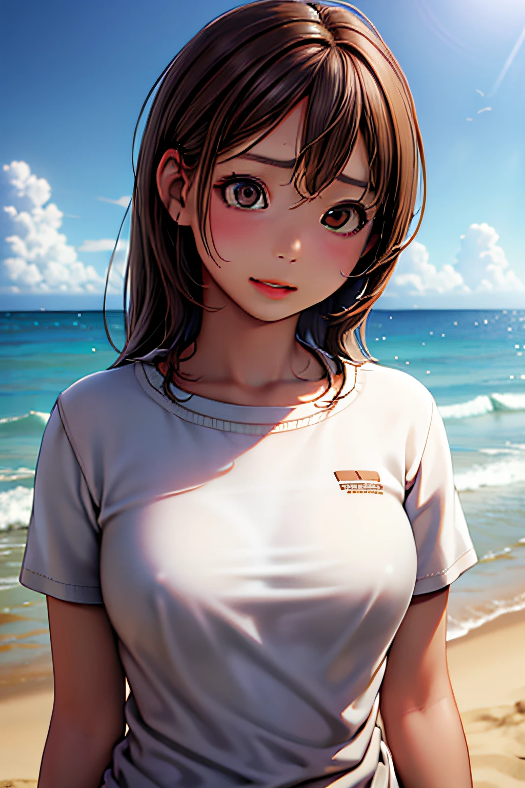ultra-detailliert, hight resolution, (Realistic, Photorealistic: 1.4), 8K, Raw photo, (masutepiece), (Best Quality), physically-based renderingt, Female college student, Brown hair, sand beach, _white_Shirt、