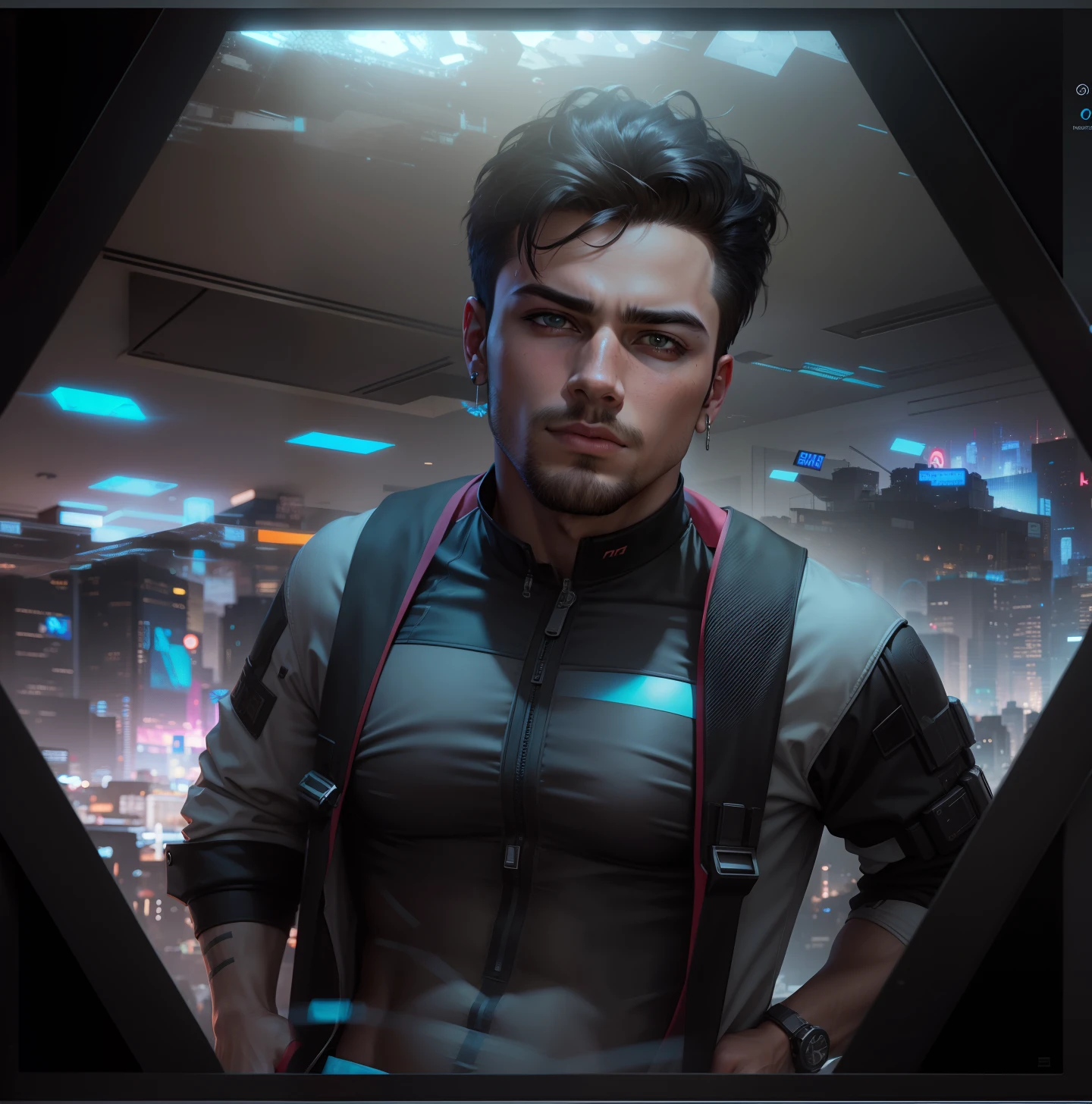 Change background cyberpunk handsome boy,realistic face, gym,windows behind 8k real looking, ultra realistic