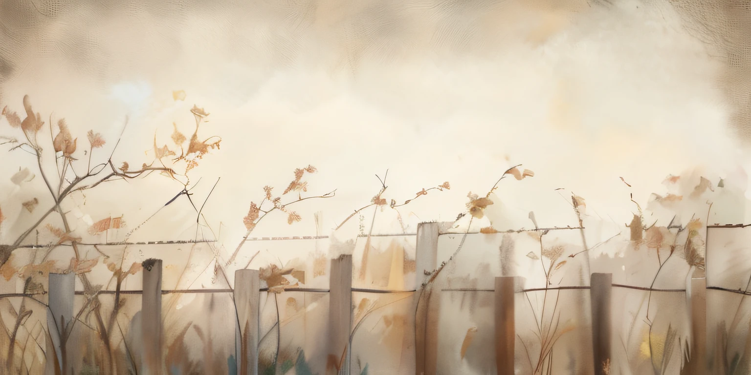 Dull yellow tones,Messy shrubs,fences, background artwork, autumn field, watercolor digital painting, Fence line, digital watercolor painting, Atmospheric. Digital painting, digital watercolor, Wooden fence, tonalism illustration, Texture is heavy,Heavily textured background