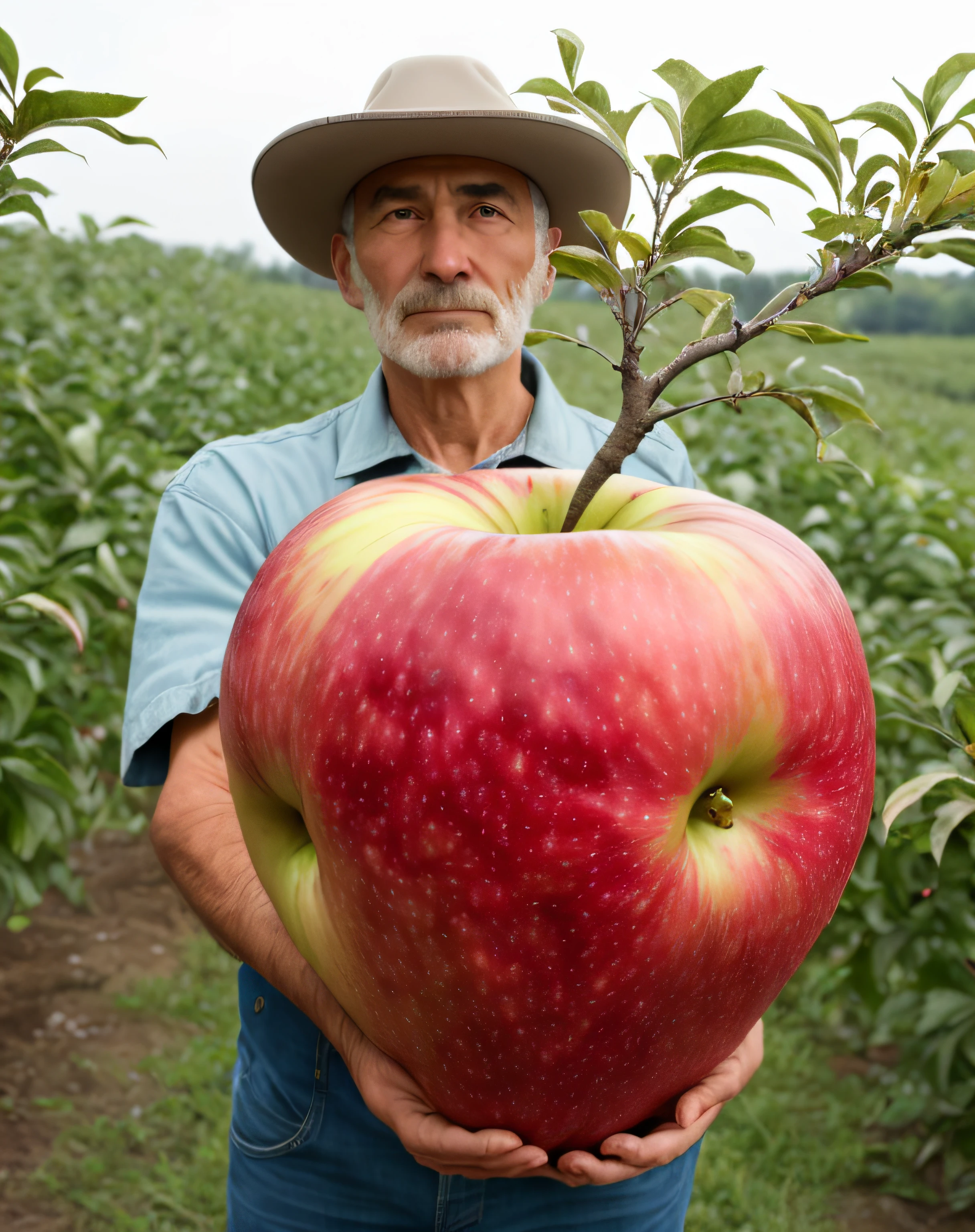 Nuclear contamination,Armageddon,darkly,Mutated fruits,Crushed apples,Dead yellow leaves,Arafeld man holding a large apple in a tree-lined field, Holding a huge apple, really large bosum, humongous large breast, Huge fruit, it is very huge, very large bosum, largest haunches ever, he is about 50 years old, he is about 50 years old, Big Apple, Incredible masterpiece, wonderful masterpiece, unusual composition