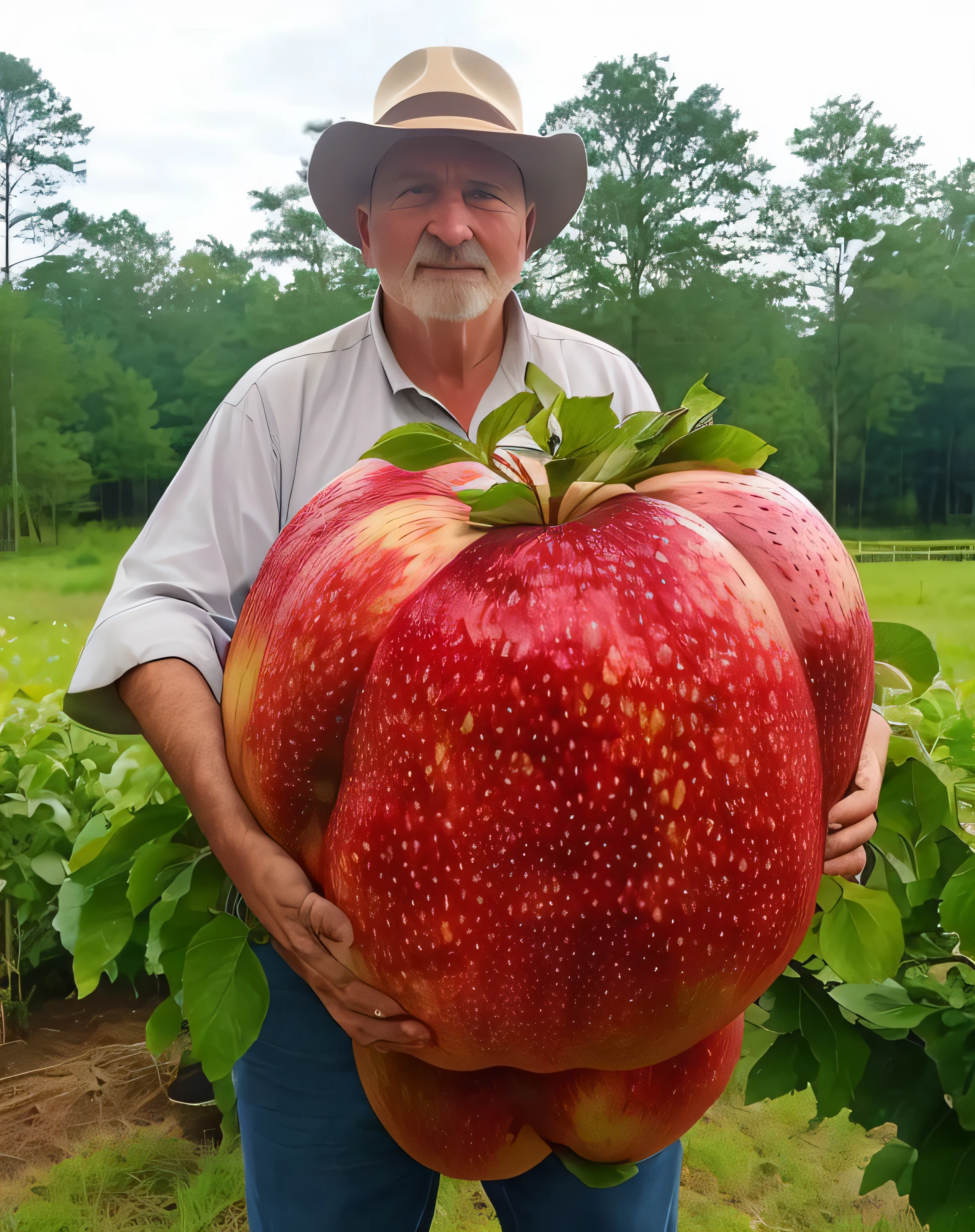 Arafeld man holding a large apple in a field of greenery, Holding a huge apple, really large bosum, humongous large breast, Huge fruit, it is very huge, very large bosum, largest haunches ever, he is about 50 years old, he is about 50 years old, Huge apples, Incredible masterpiece, wonderful masterpiece, unusual composition