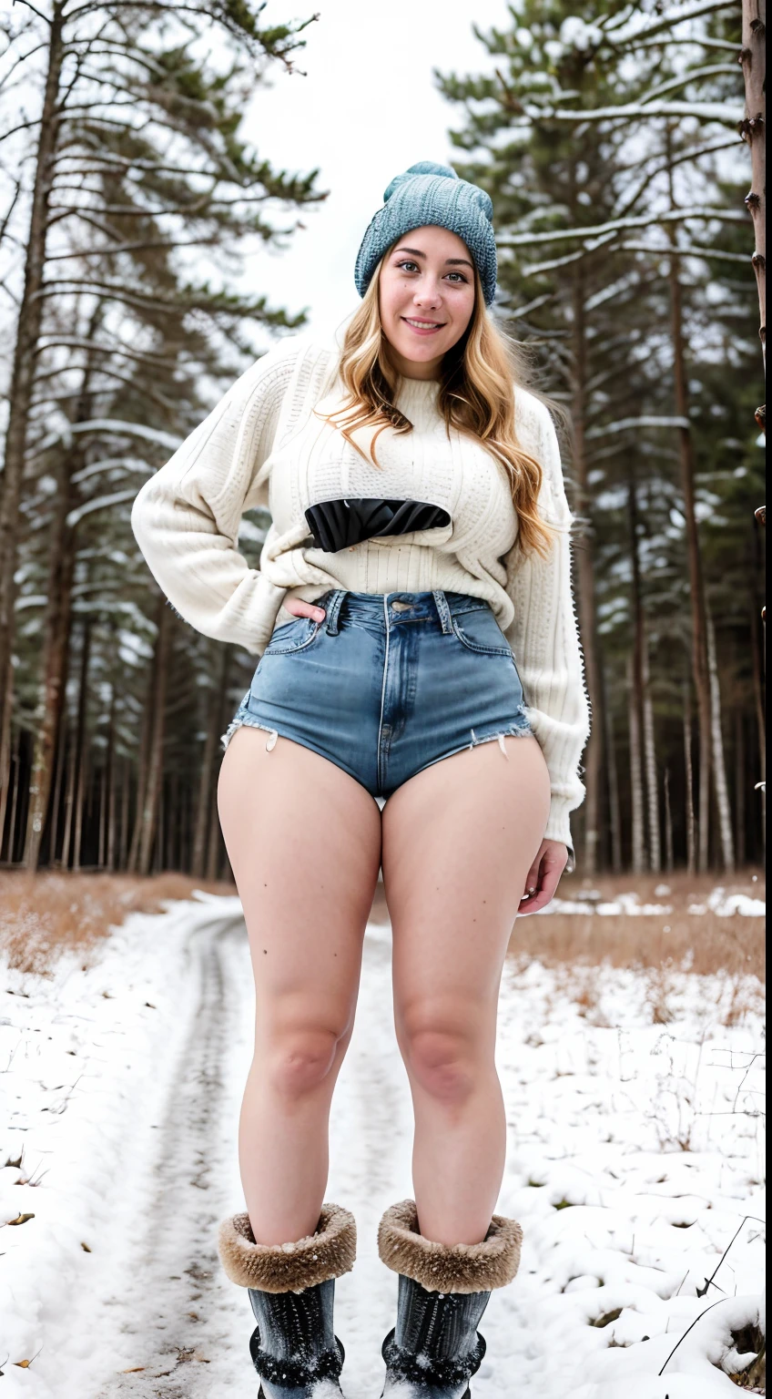 Amazon woman, pawg, ( dressed in very short jean shorts and a wool cap in a snowy forest, Snow boots), sexy, tanned skin, blonde hair, big booty, sexy legs, (long shot), ultra detailed, hyper realistic, dynamic lighting, hdr, 8k,