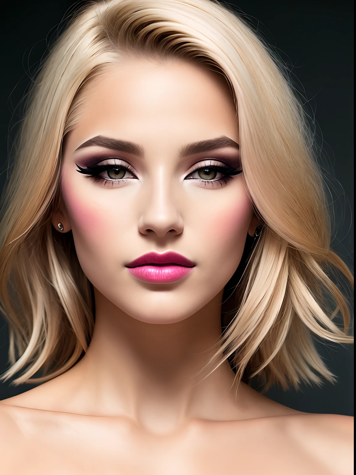 A portrait of a blonde, (makeup:1.4), amazing body, (fit body:1.2), saint Laurent outfit, highly detailed fur, natural skin texture, 4k textures, detailed belly, Highly detailed perfect smooth skin, Lightroom, Intricate, Ultra-Realistic, Out There, (HDR:1.3), UHD, (Intricate Detail, Hyper-Detailed:1.1), Cinematic, Photoreal, (Dark Shot:1.2), Dramatic, High Contrast, (Warm Color:1.1) , muted colors, master piece, elegant, sharp focus, pink lipstick