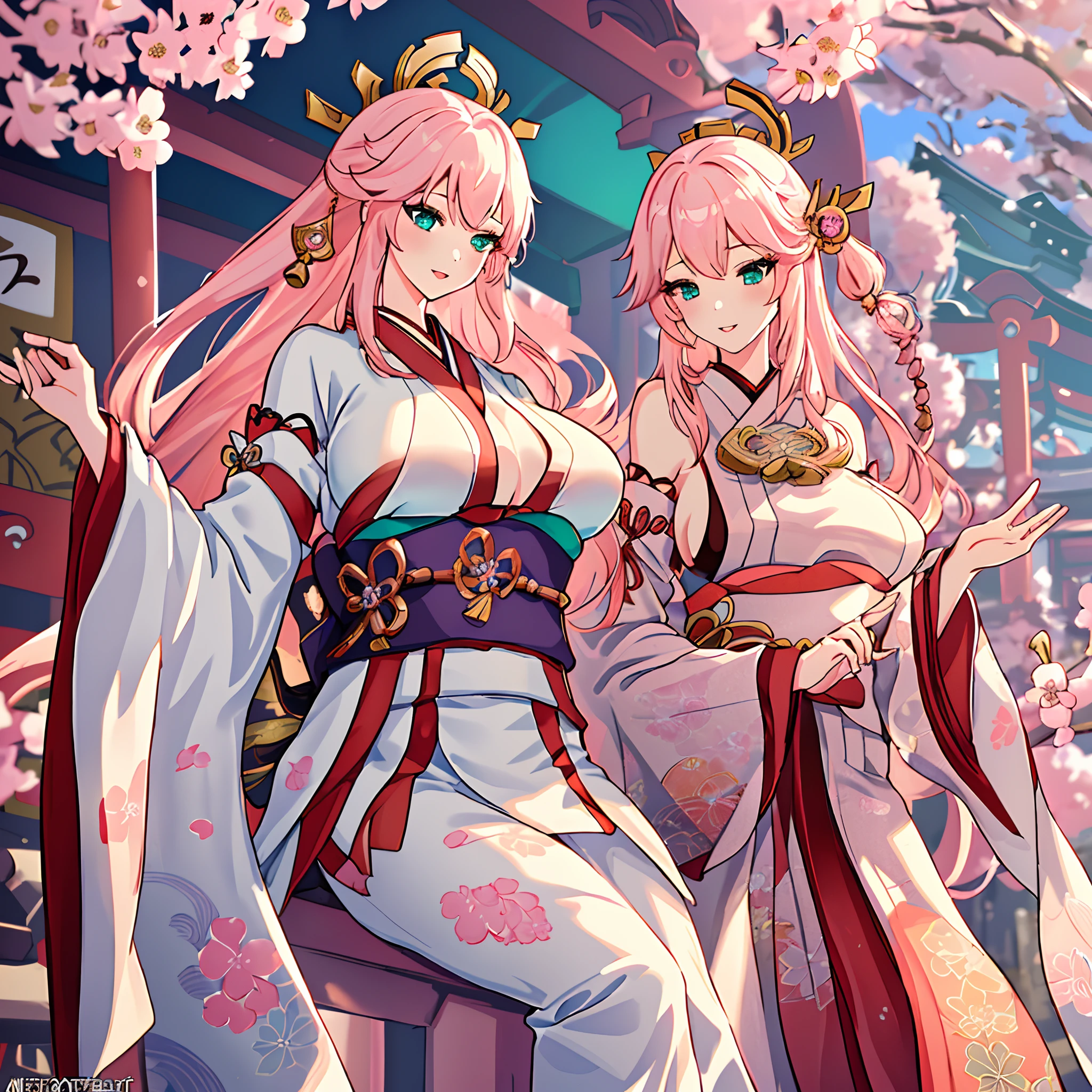 Chinese idol girl　mature woman　Blonde wavy hair with bangs　(Bright red blush on lips)　big breasts　chubby　plump　Super big ass　((rimless glasses))　　big eyes　Sakura Fubuki　((fabulous, super shiny purple long skirt in chinese dress))　((Wellingtons)) garters　8 k　Photorealistic　((Cherry tree in full bloom))　(A large number of falling cherry petals)　((sunrise at dawn))　((Sit down спиной к камере))　((Rear view of a man, sitting upright))　((Turn around and make eye contact))　((Sit down, stretching out the buttocks))