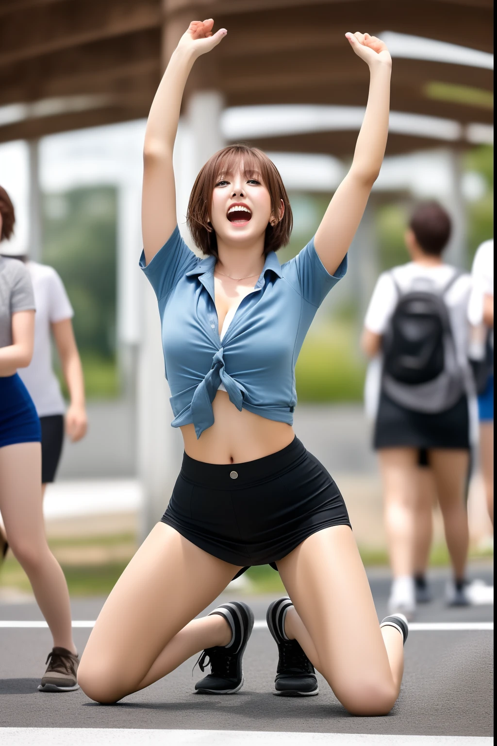 16k, (with chest:1.2), arms above head, (((open legs)), masterpiece, ultra miniskirt, ((wearing)), college student Japan woman, wide waist, ((open legs)), (open mouth languidly), (open eyes wide), sweaty and shiny skin, brown hair, disheveled short hair, watch viewer , full body, perfect body