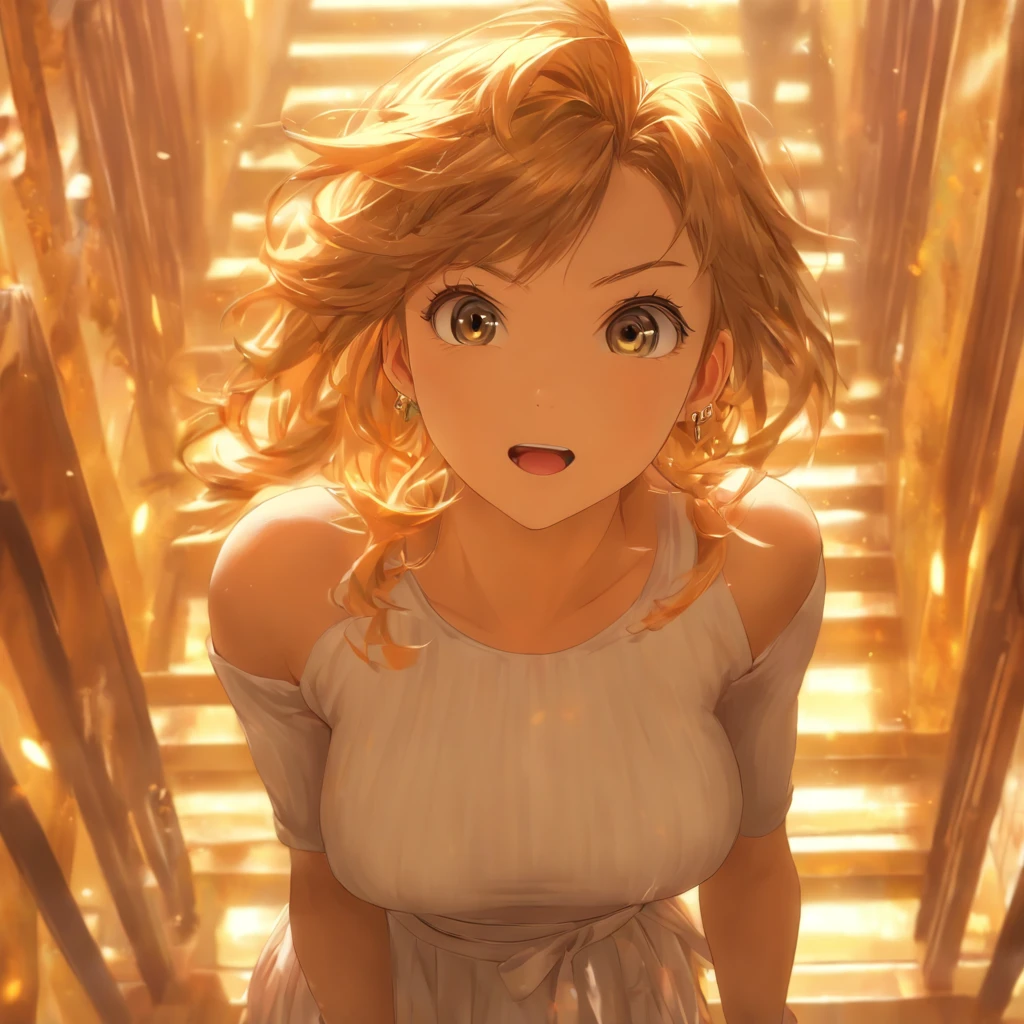 1 beautiful girl, Beautiful face, (Slender body:1.2), Realistic, extremely detailed CG unified 8k wallpaper, ighly detailed, High-definition raw color photos, professional photograpy, Realistic portrait, Cinematic Light, Beautiful detailed, (Beautiful breasts), (cleavage of the breast:1.2), (Uniform with wide open chest:1.2), (Mini skirt:1.3), (white panties)、(:1.5), cameltoe details, Indoors, School, (Best Quality:1.4), ((Climb the stairs))、((Turn your ass towards me:1.5))、Super Detail, High quality, (View from below)