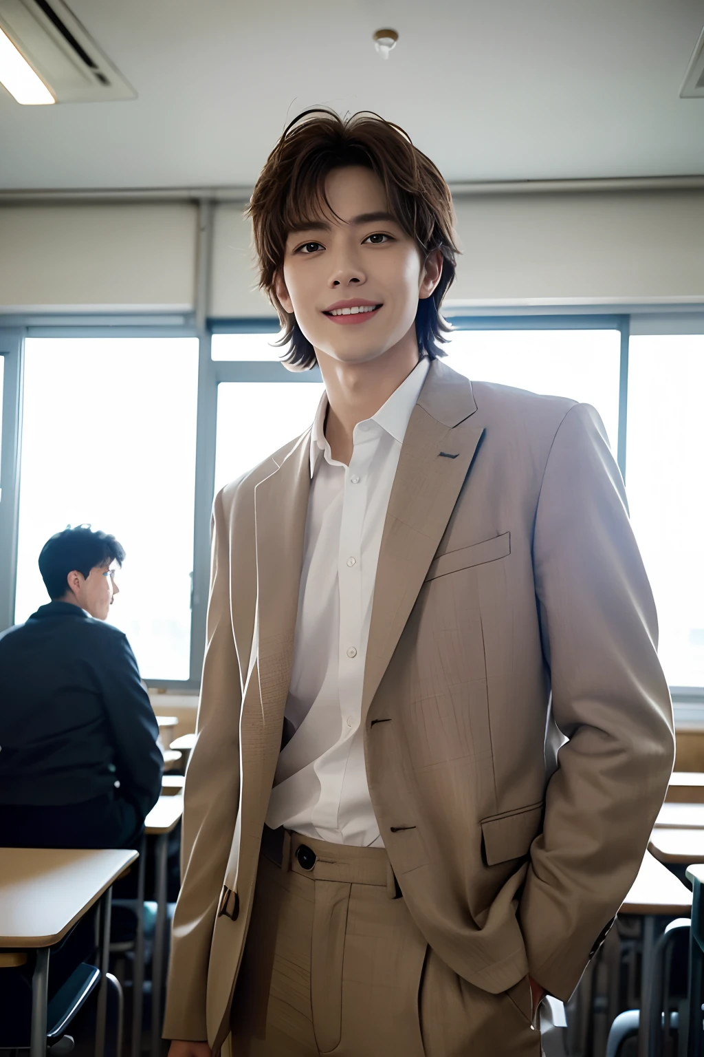 ((top-quality、masterpiece、photographrealistic:1.2、in 8K))、Cool Japanman1a person、male people、28 instars、(Male teacher standing in school classroom)、Well-formed face、Eyes and faces with detailed、Beautiful lighting、Textured skin、Super Detail、high detailing、High quality、hight resolution、(looking at the viewers)、A smile、Laugh、Refreshing hairstyle、(A hyper-realistic)、(Top image quality:1.0)、 (超A high resolution:1.0)、trouser、