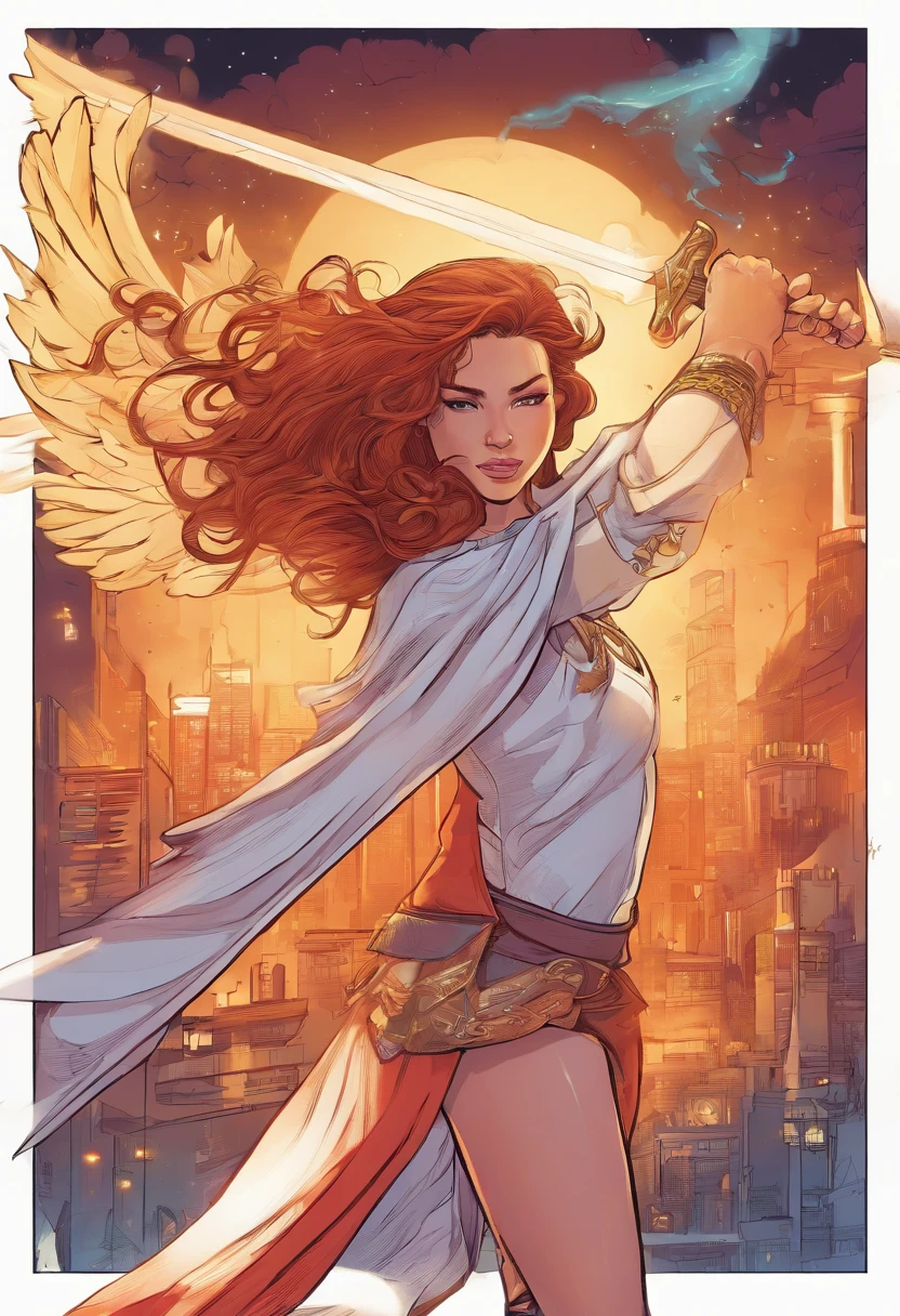 a girl in modern urbancausal clothing who's been reincarnated in spirit as an angel, a beam of holy godray lights bestow apon her whole being as she raises her holy sword with much strength