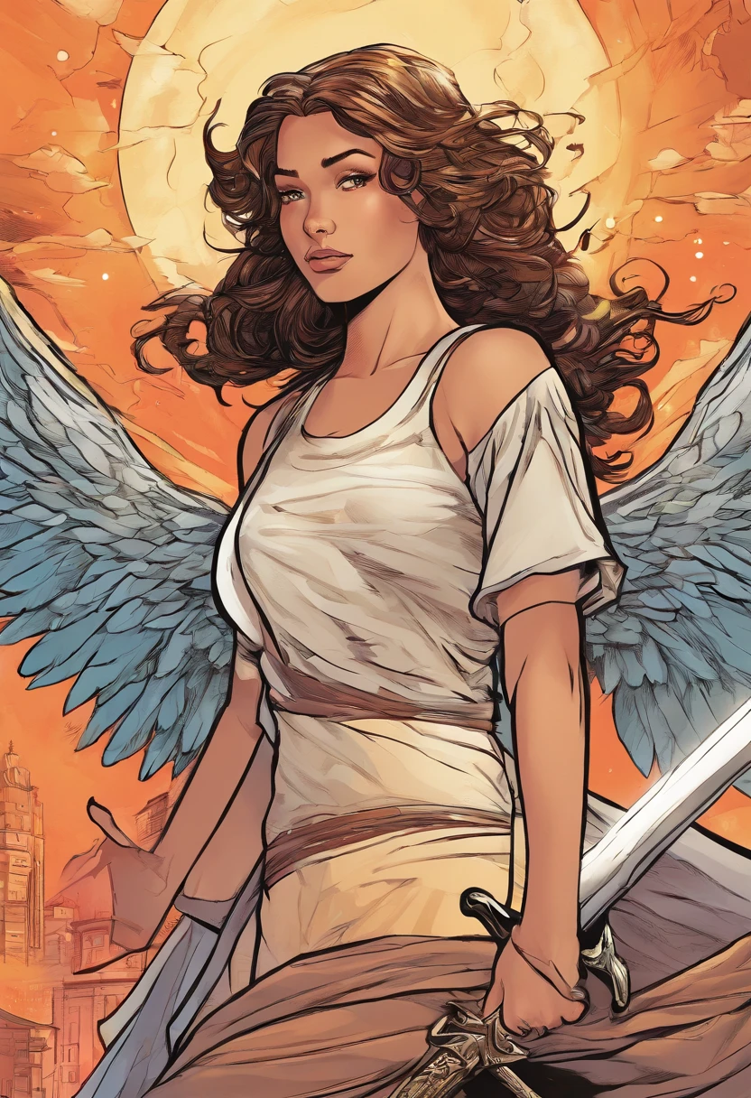 a girl in modern urbancausal  clothing who's been reincarnated in spirit as an angel, a beam of holy godray lights bestow apon her whole being as she raises her holy sword with much strength