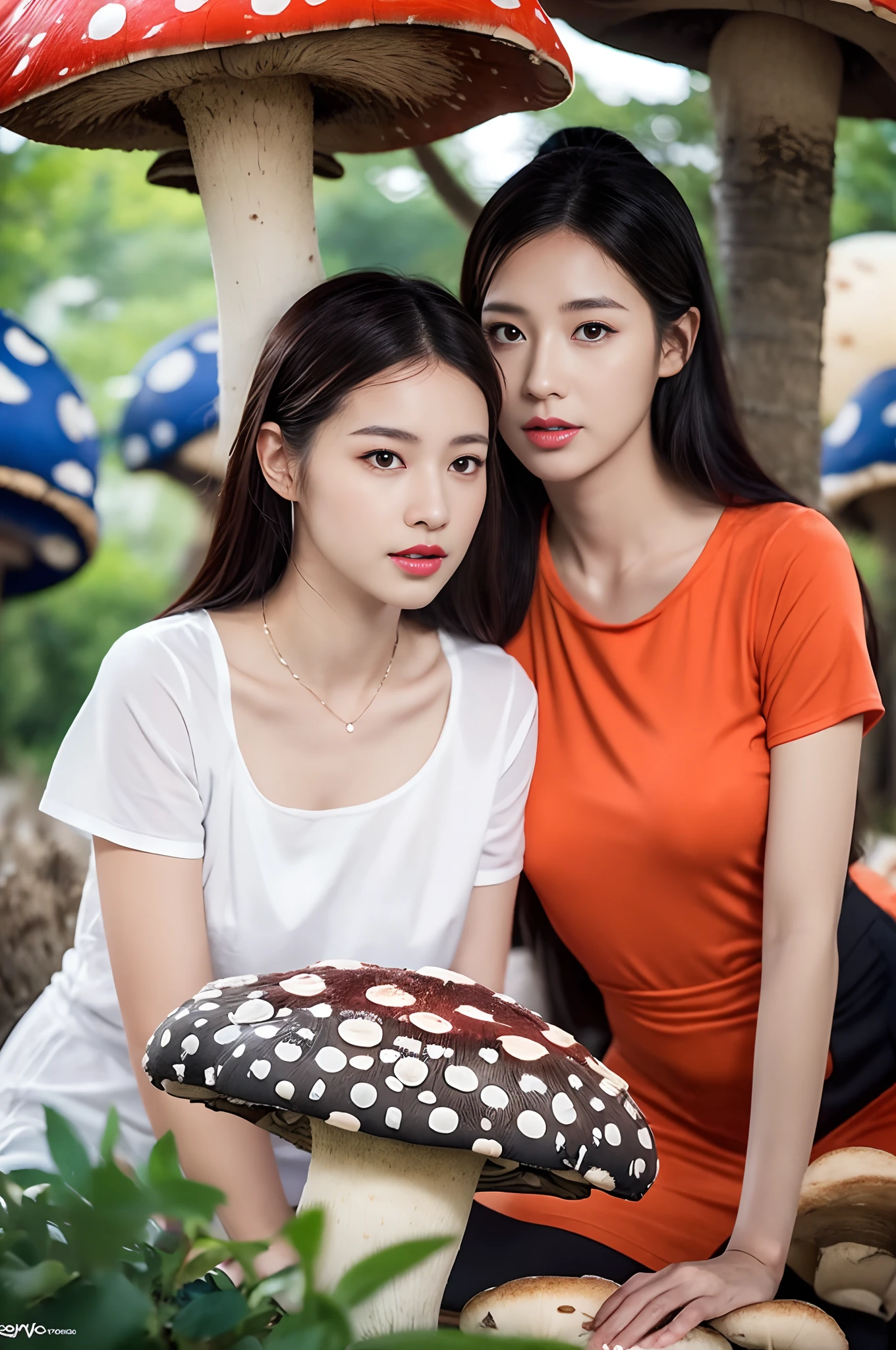 Face focus,(alebrijes art style), （a couple of lesbians:1.4) sitting together on a (giant mushroom:1.4),fantastical world,fantasy,lewd,leering:1.3,Masterpiece, Best quality, intricately details, absurderes,,(ulzzang-6500-v1.1,pureeroface_v1,octane rendering)