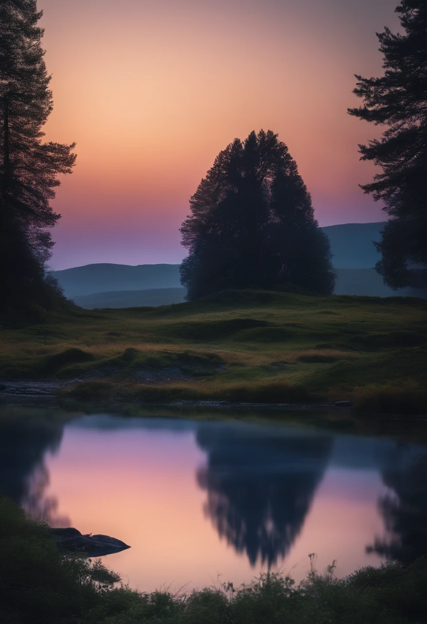 Generate an enchanting and surreal depiction of a world locked in perpetual twilight. Picture a captivating landscape where the boundaries between day and night blur into an everlasting twilight. The sky should be a mesmerizing blend of deep blues and soft purples, with a faint, ethereal glow on the horizon. Show a mystical terrain, featuring delicate, bioluminescent flora and fauna that illuminate the landscape with gentle, otherworldly radiance. Let the scene emanate a sense of tranquility, mystery, and a touch of magic. Focus on intricate details and realism to create an image that transports viewers to this captivating twilight realm