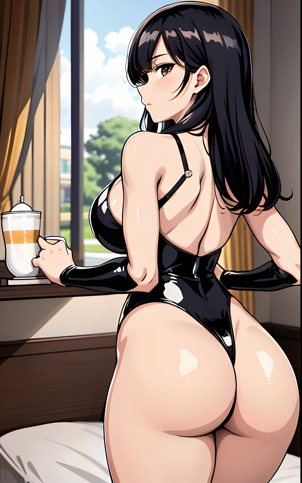 8K,4K,Daisaku,Superb image quality,Delicate,comic strip,Anime color scheme,1female,18yr old,adolable,maidennurse,Cafe,Dramatic angle,whaite hair,s girl,cute little,High-gloss dark style,swim wears,Wheat-colored skin,Bedroom room,Back view,Buttocks close up,busty figure