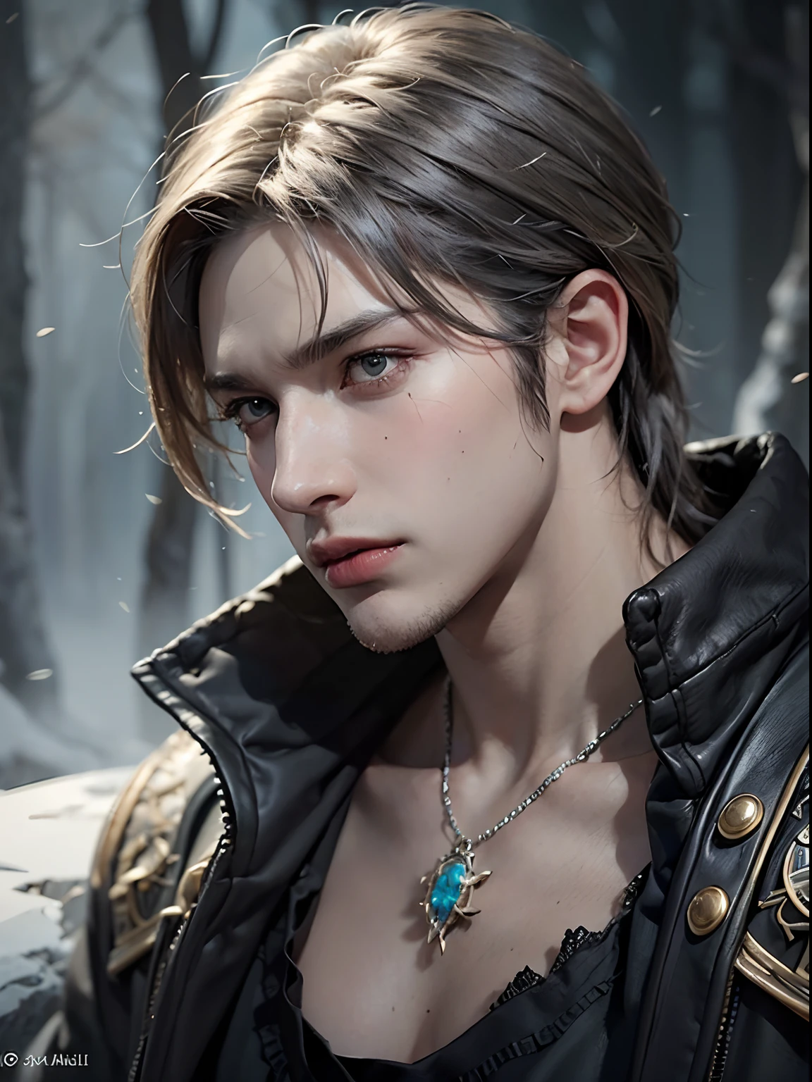 (More than half body), 1man, gray hair, an assassin, a little stern, solo focus masculine adult face, black dress, frost forest, realistic, dynamic pose realistic, detailed and correct facial structure, blades ornaments, LEON S. KENNEDY, handsome, attractive, slightly muscular, cinematic lighting, unreal engine, trending on ArtStation, intricate details,  masterpiece, best quality, by Irakli Nadar, Greg Rutkowski，(((best quality))),(((ultra detailed))),(((masterpiece)))