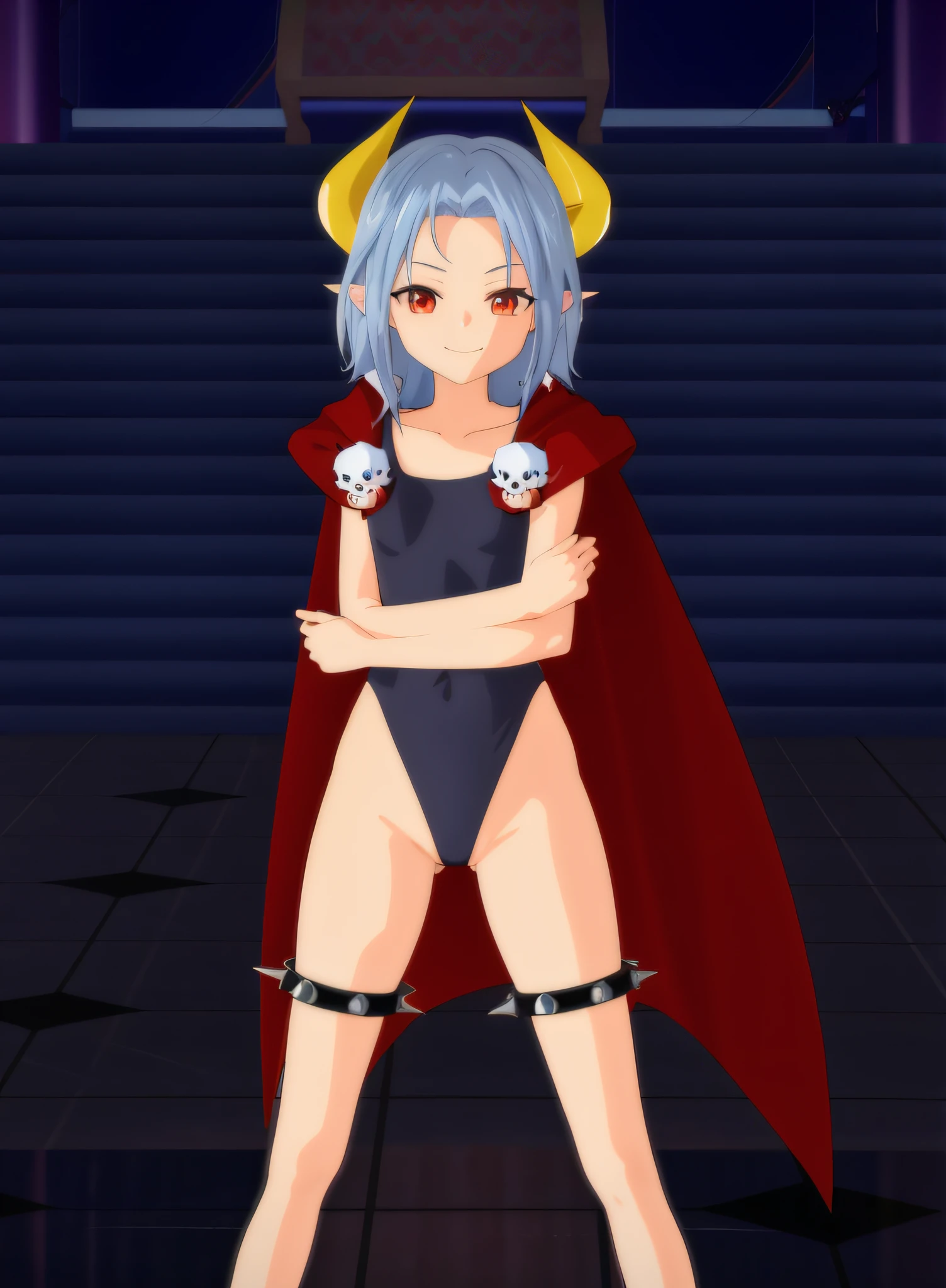 Anime girl in a demon costume with horns and cape, gapmoe yandere grimdark, Demon Girl, succubus in tight short dress, demon anime girl, holy cyborg necromancer girl, mika kurai demon, Full Body Devil Woman, with cape, evil pose, Evil standing smile pose, Gapmoe Yandere, Succubus, Full body!