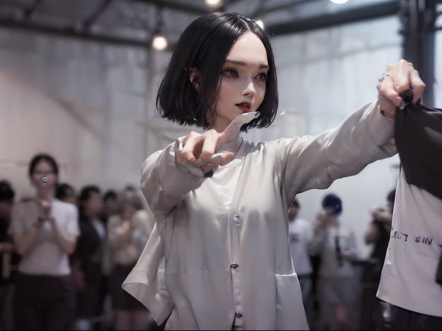 ((((Night Dance Studio)),((Female 24 years old)),((Best Quality:1.5)),(((Hands with the correct number and structure of fingers:1.4))),hight resolution,ultra-detailliert,masterpiece,best qualtiy,(Eight-headed body),Forehead、Straight short hair、Black hair, long eyeslashes, Solid Circle Eyes, A smile、makeup, , Atmospheric perspective,Super Detail, ccurate, small brest,(Grey Long Cardigan、white t-shirts、Black leather shorts),beauty legs、long legged、top-quality, blurry backround, bokeh dof:1.2, (masterpiece:1.3), Atmospheric perspective,Super Detail,dynamic compositions,Dancing、((Smeat))、Shooting through a smartphone camera、Recording、