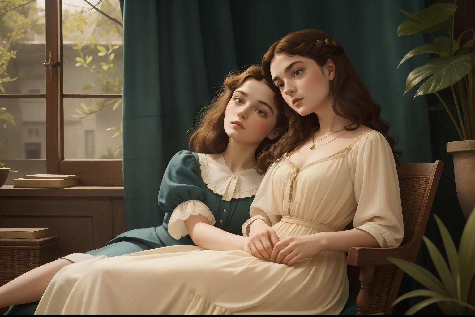 Pre-raphaelite scene inspired by Lenu and Lila, from the novel "My brilliant friend", 1940s naples fashion