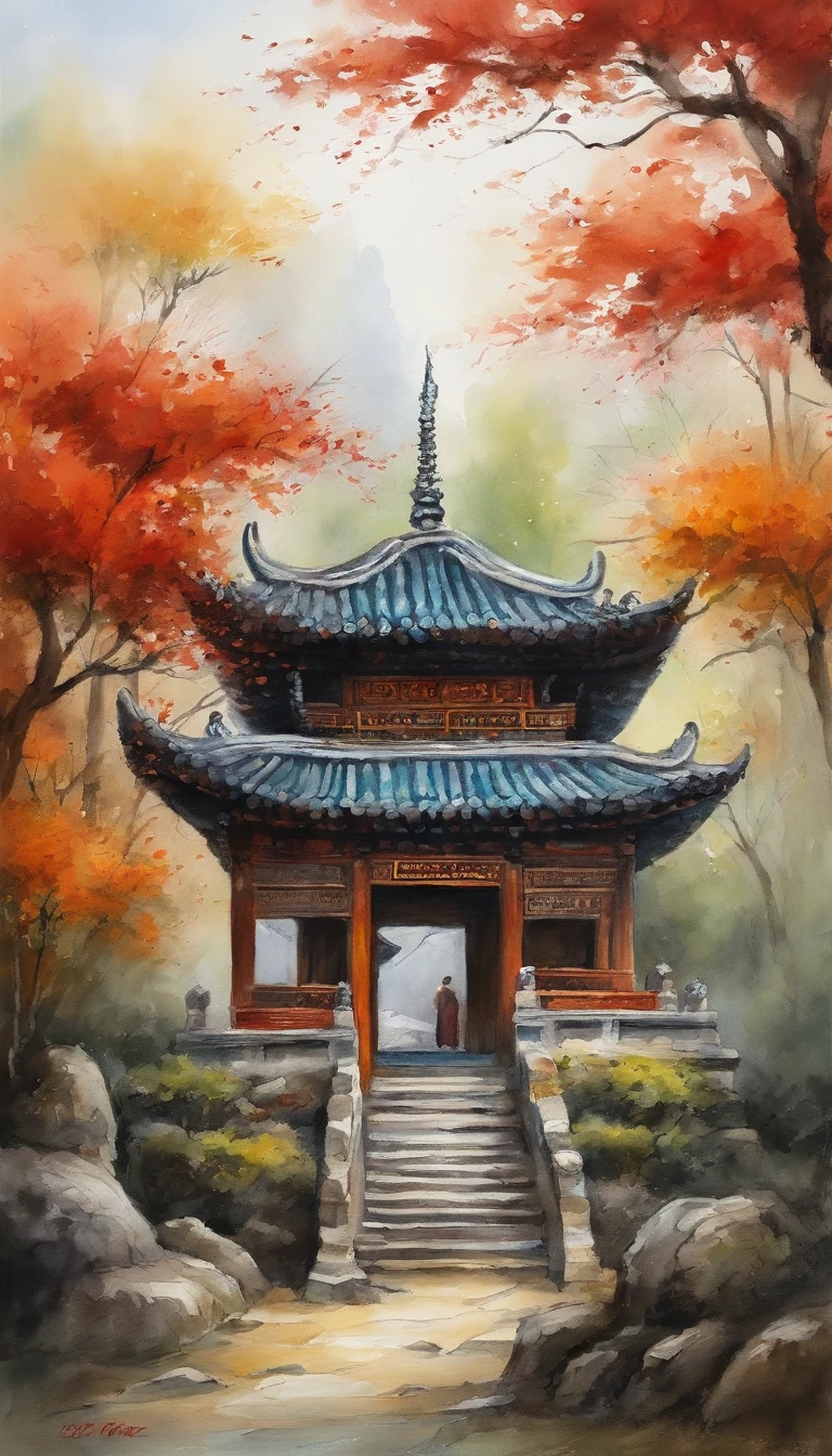 In a quaint Han Dynasty style temple,There are many buildings,The yard is covered with moss,There are many old trees outside the temple,There is a young monk clearing fallen leaves on the steps,It was raining lightly in the sky,no sun