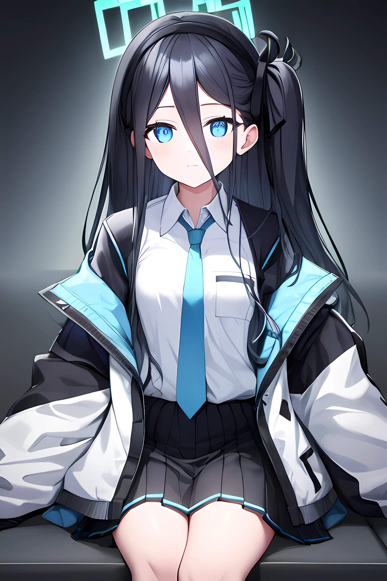 aris, black hair, blue eyes, hair between eyes, halo, long hair, one side up, hair ribbon,
necktie, blue necktie, jacket, skirt, school uniform, white shirt, collared shirt, black skirt, white jacket, long sleeves,