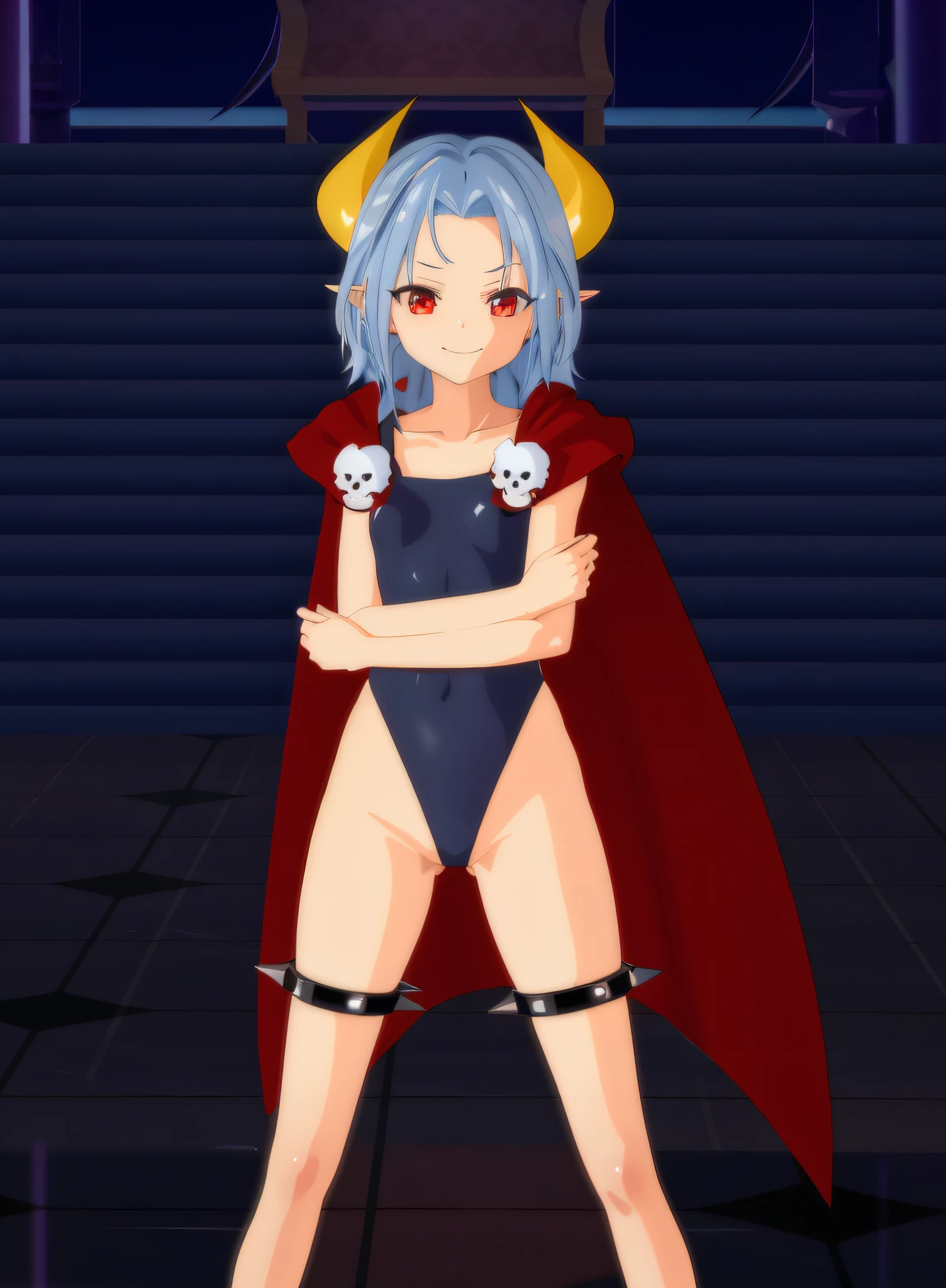 Anime girl in a demon costume with horns and cape, gapmoe yandere grimdark, Demon Girl, succubus in tight short dress, demon anime girl, holy cyborg necromancer girl, mika kurai demon, Full Body Devil Woman, with cape, evil pose, Evil standing smile pose, Gapmoe Yandere, Succubus, Full body!