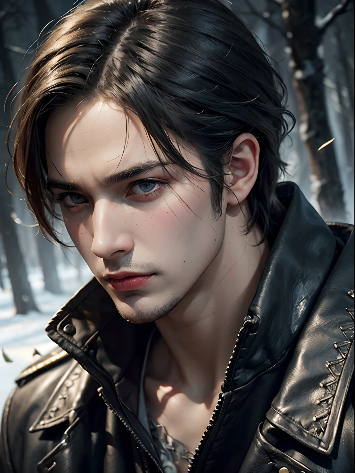 (More than half body), 1man, gray hair, an assassin, a little stern, solo focus masculine adult face, black dress, frost forest, realistic, dynamic pose realistic, detailed and correct facial structure, blades ornaments, LEON S. KENNEDY, handsome, attractive, slightly muscular, cinematic lighting, unreal engine, trending on ArtStation, intricate details, masterpiece, best quality, by Irakli Nadar, Greg Rutkowski,(((best quality))),(((ultra detailed))),(((masterpiece)))