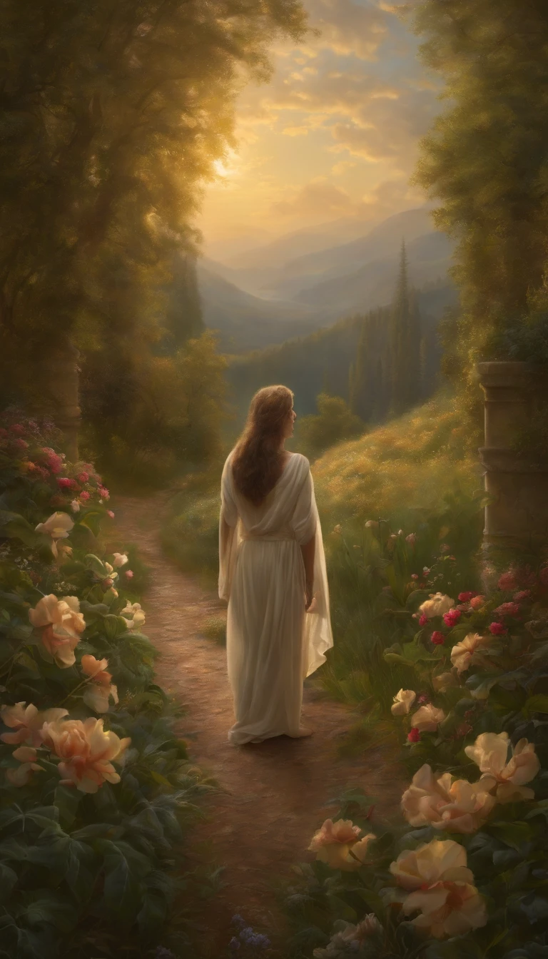 a painting of Jesus standing in a field of flowers, inspired by Christophe Vacher, his mind contemplating eternity, by Christophe Vacher, greg olsen, beautiful art uhd 4 k, background artwork, beautiful depiction, mystical scene, dreamy scene, detailed fantasy digital art, very beautiful fantasy art, mystical puri