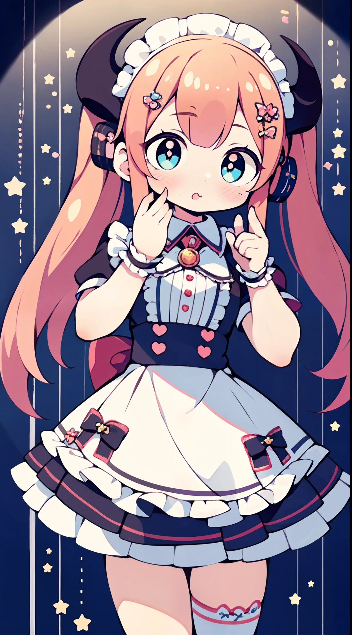 masterpiece, best quality, ultra detailed, beautiful shading, cinematic ligthing, studio lights, cute, kawaii, big eyes, flower pattern on pupil, shaped pupil , cute polka dot pattern on bows, plaid, light pink colored hair,Powder-blue pupils,Wear pink and blue maid outfits,Sweet girl with pure white,full body, full shot, horns, little devil, wow
