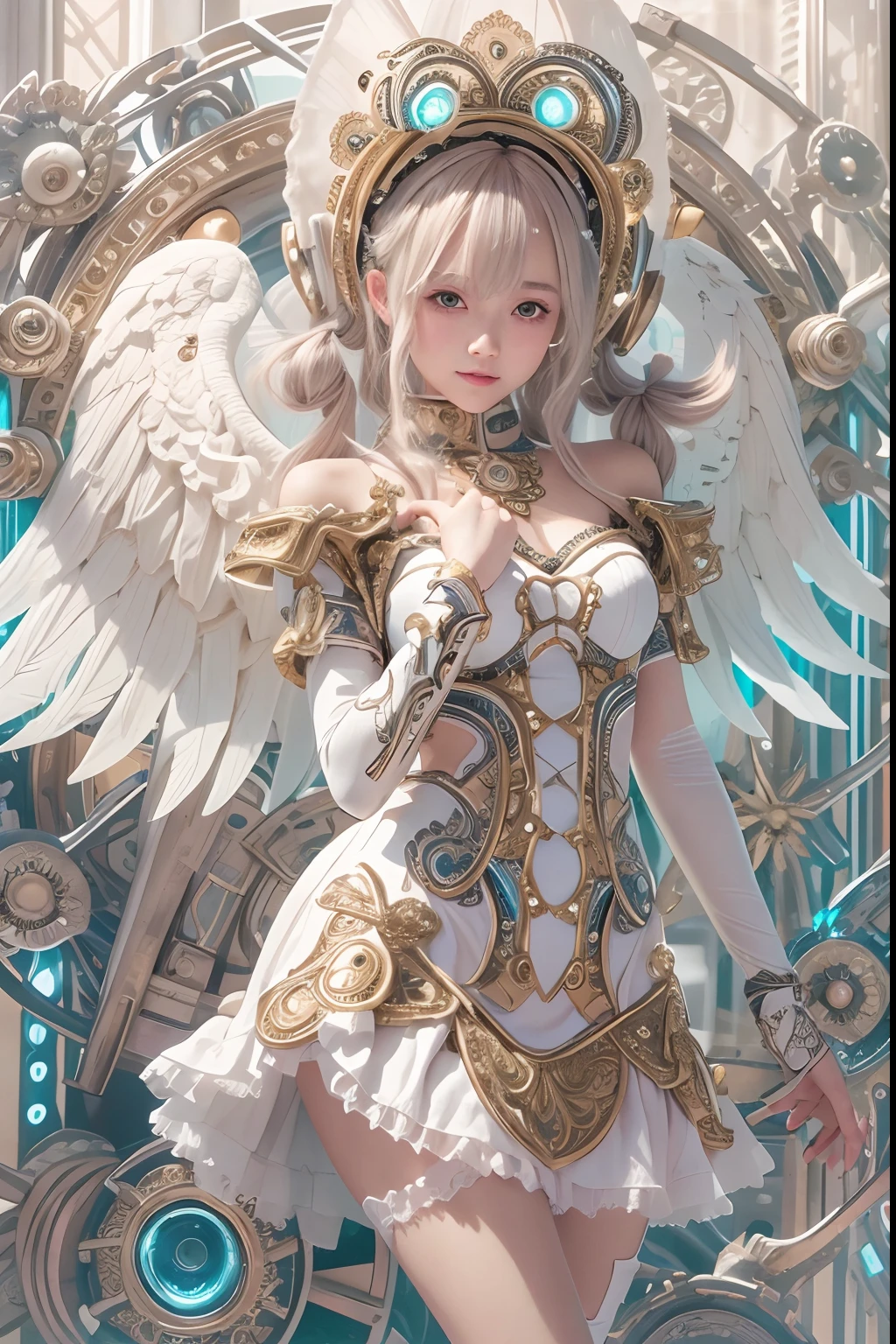 Cyborg, Girl, Beautiful girl, Cute, Sexy, Strong, Slender, Delicate, Smile, (ta costume), High legs, Metallic, ultra color, paisley, Headgear, mandalas, Near future, Heaven, angel, feater, wing, Helix lamp