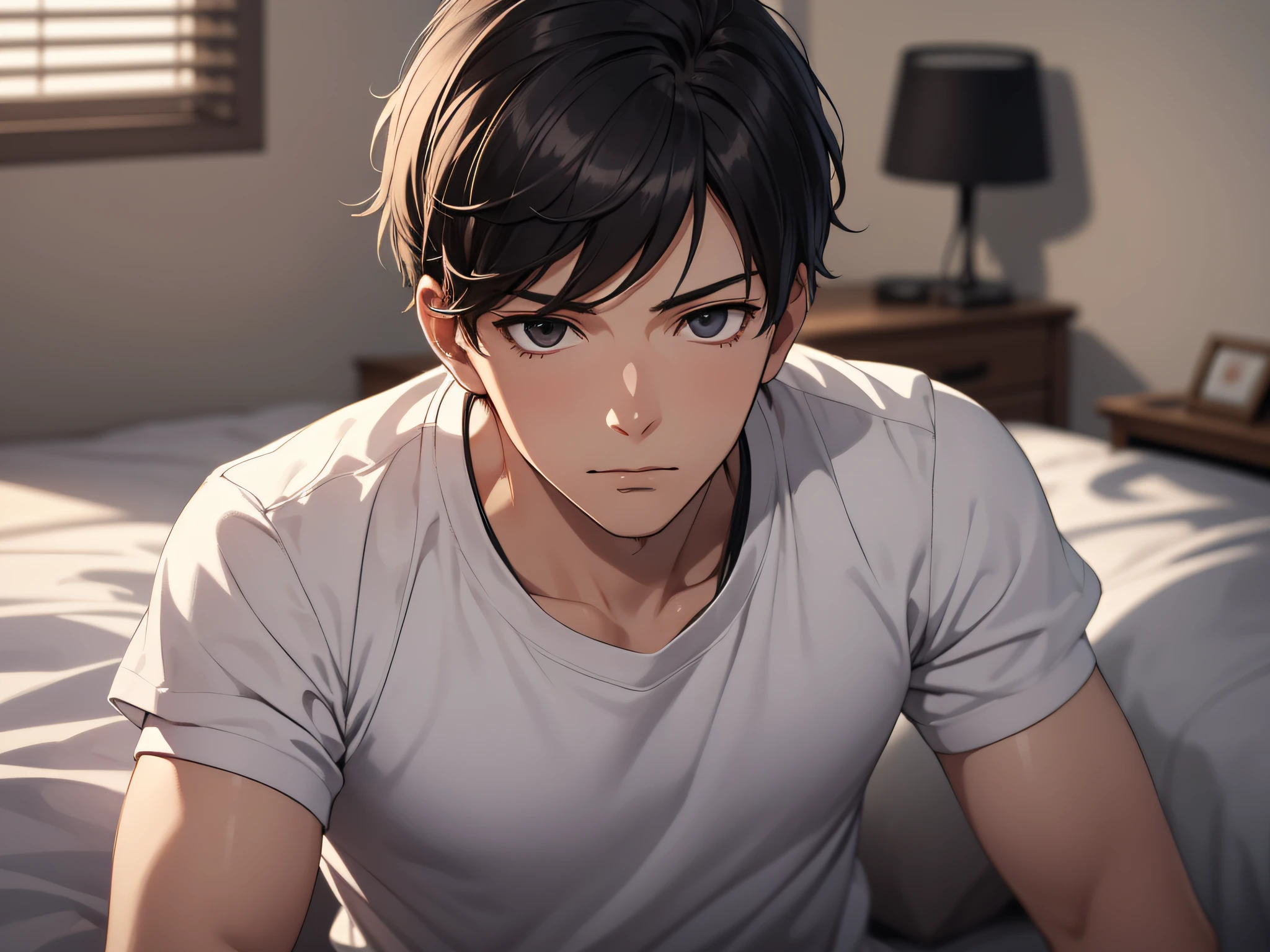 masutepiece, High quality, Best Quality, hard disk, Realistic, Perfect Lighting, Detailed face, male people,24 year old, Detailed body, 1 man, Short black hair, (Innocent expression: 1.5) (Innocent face: 1.5), Stand in your room while sleeping,excited、I'm