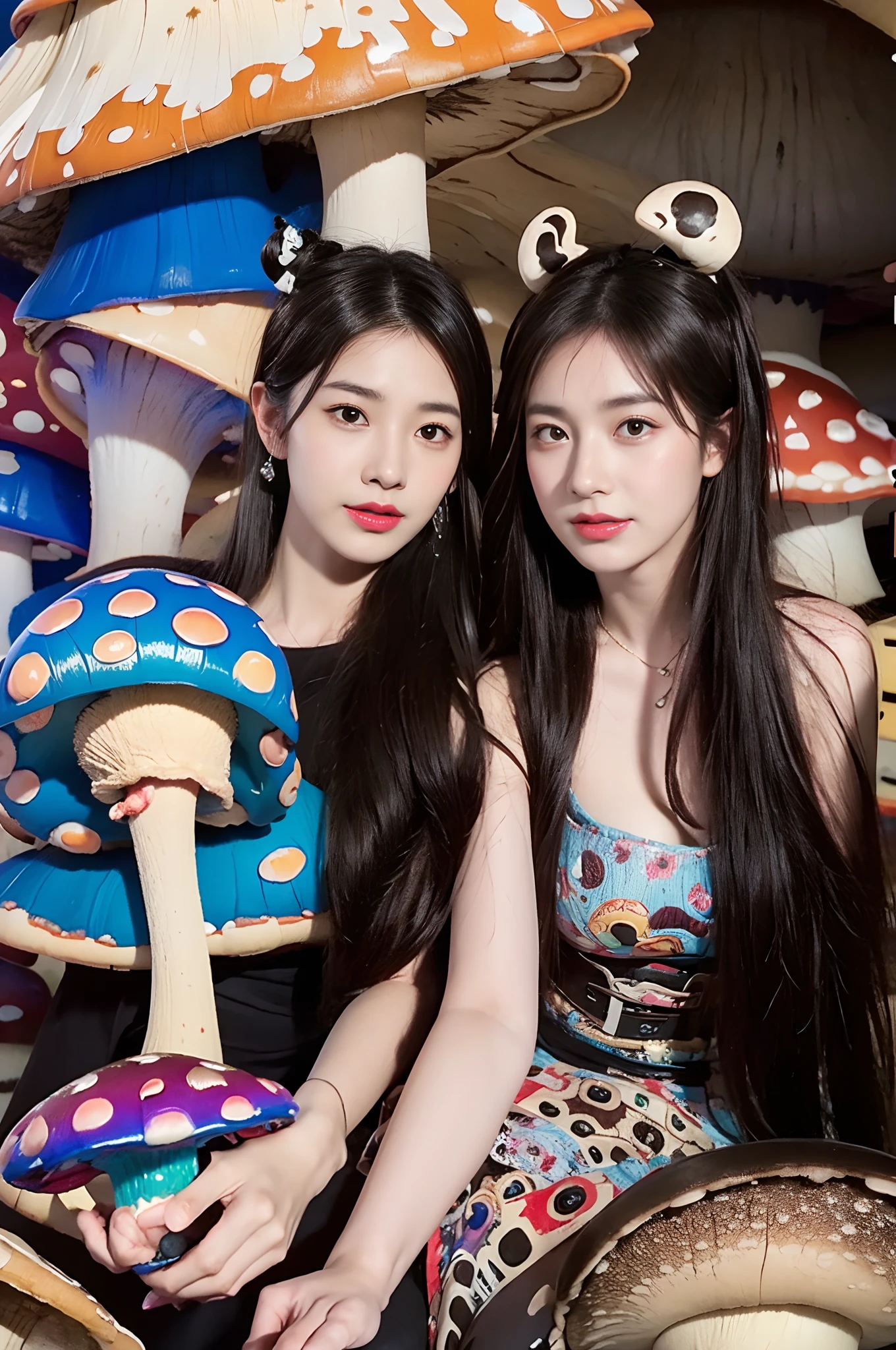 Face focus,(alebrijes art style), （a couple of lesbians:1.4) sitting together on a (giant mushroom:1.4),fantastical world,fantasy,lewd,leering:1.3,Masterpiece, Best quality, intricately details, absurderes,,(ulzzang-6500-v1.1,pureeroface_v1,octane rendering)