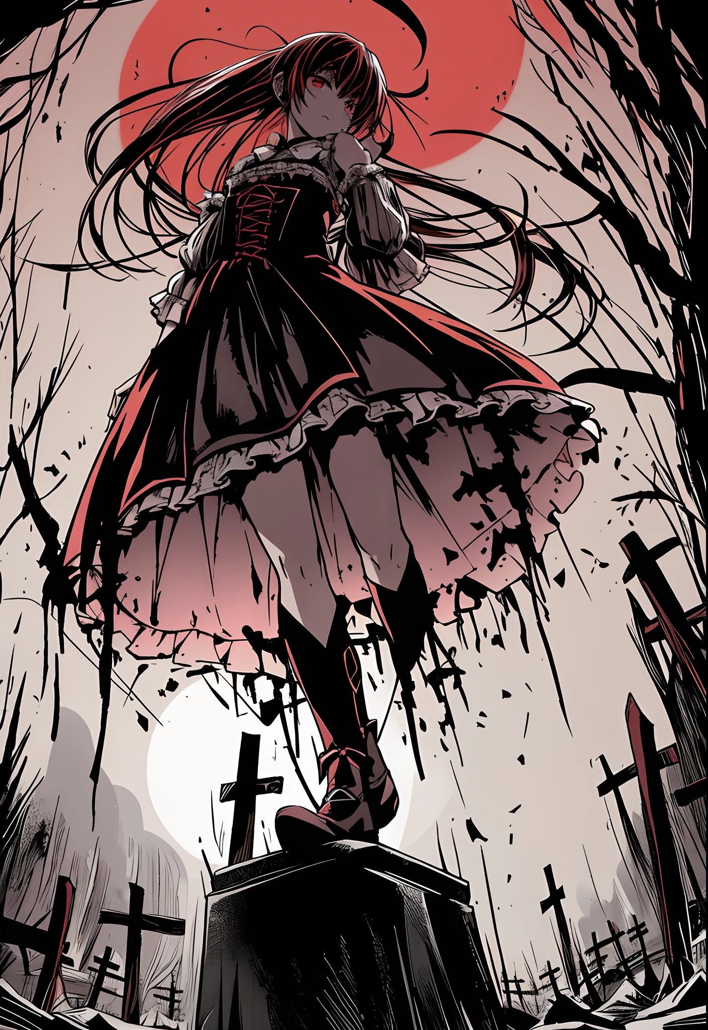 Her eyes shone like stars、Curvaceous but slender、Rotten flesh、Spookyness MAX、(top-quality、hight resolution、8k、​masterpiece:1.2)。Beautiful female zombies、Under the red moonlight、From the center of a sandy cemetery lined with old tombstones、Generate a scene depicting it slowly creeping up。Zombies slowly reach out of their state of being buried alive、While twisting your shoulders gracefully,、Holding a tombstone with pale hands。Elegant tattered dress flutters in the wind、Damaged hair swaying in the darkness、Describe the zombie's distorted steps as if they were somehow bewitching。A demonic red moon hovers behind the cemetery、The light of the red moon highlights her eerie beauty。In the distance, you can see a small demonic castle。A light mist forms around the tombstone.、An eerie silence drifts in the air、Countless bats are flying around。Limb incomplete zombie looks up at the sky、At a loss, as if searching for his arm in the darkness。This scene is called、Finish it into an eerie piece that combines the bewitching and beauty of zombie movements。