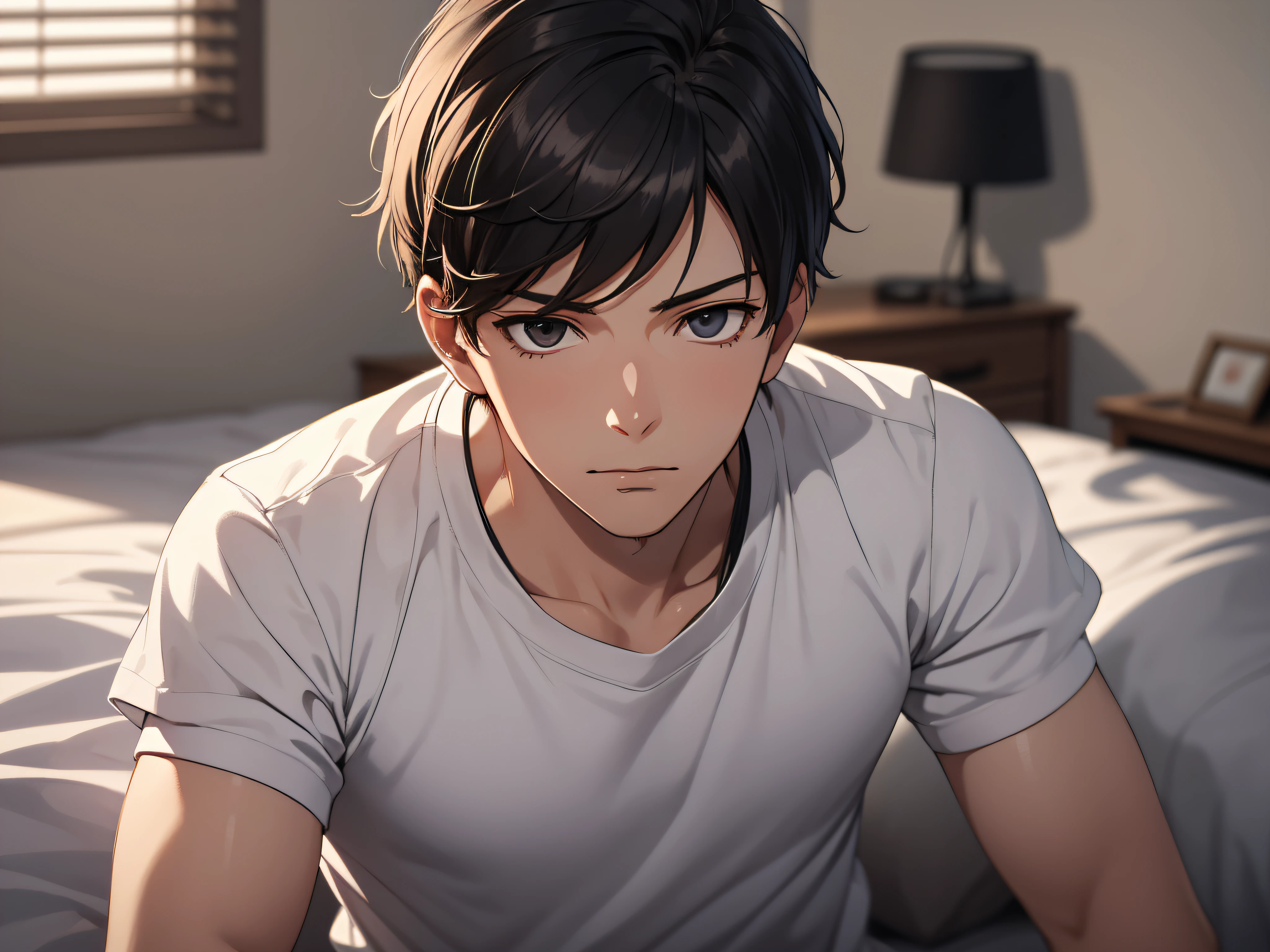 masutepiece, High quality, Best Quality, hard disk, Realistic, Perfect Lighting, Detailed face, male people,24 year old, Detailed body, 1 man, Short black hair, (Innocent expression: 1.5) (Innocent face: 1.5), Stand in your room while sleeping,excited、I'm