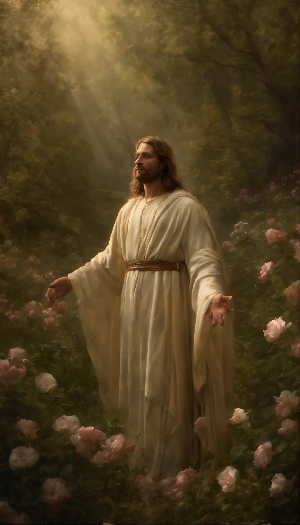 a painting of Jesus standing in a field of flowers, inspired by Christophe Vacher, his mind contemplating eternity, by Christophe Vacher, greg olsen, beautiful art uhd 4 k, background artwork, beautiful depiction, mystical scene, dreamy scene, detailed fantasy digital art, very beautiful fantasy art, mystical puri