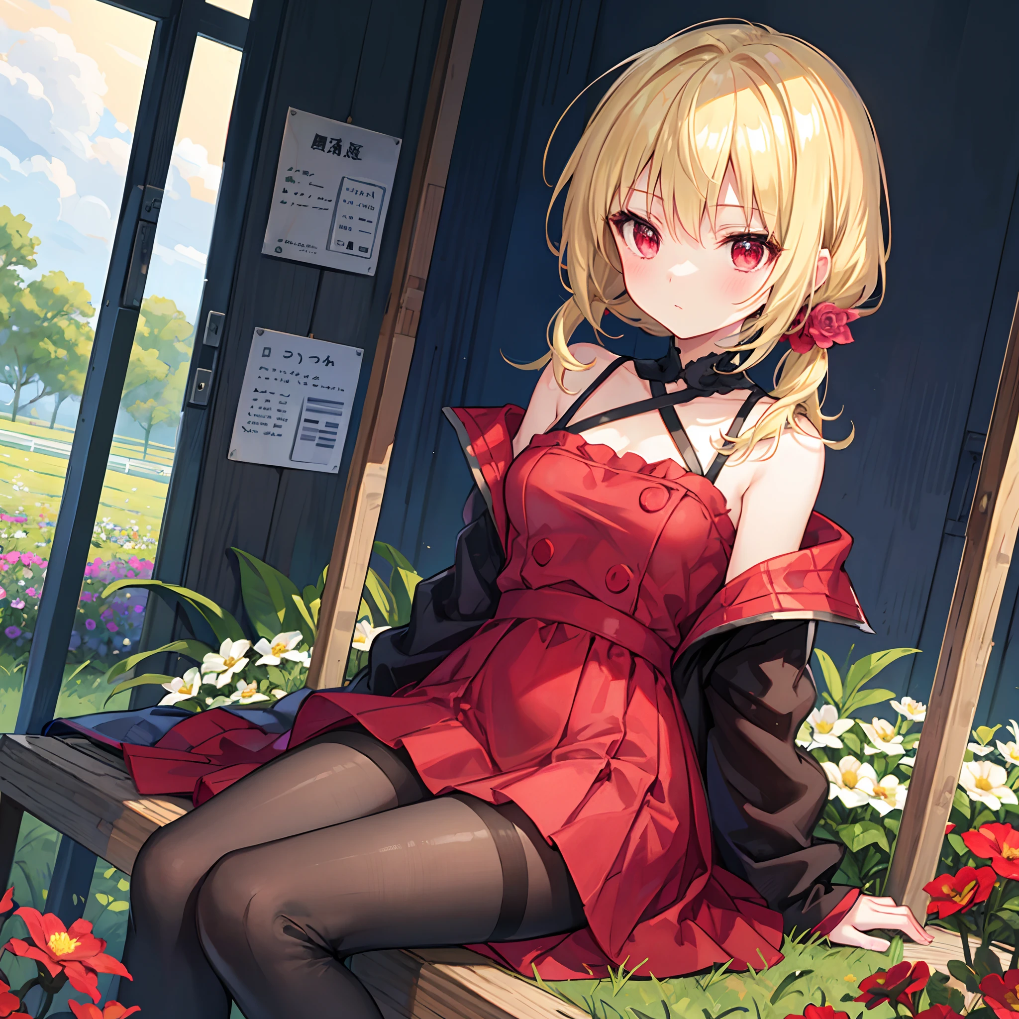 a blond、poneyTail、red eyes、Beautiful girl alone、Dark red dress、off shoulders、a miniskirt、Black tights、sitting on、flower field